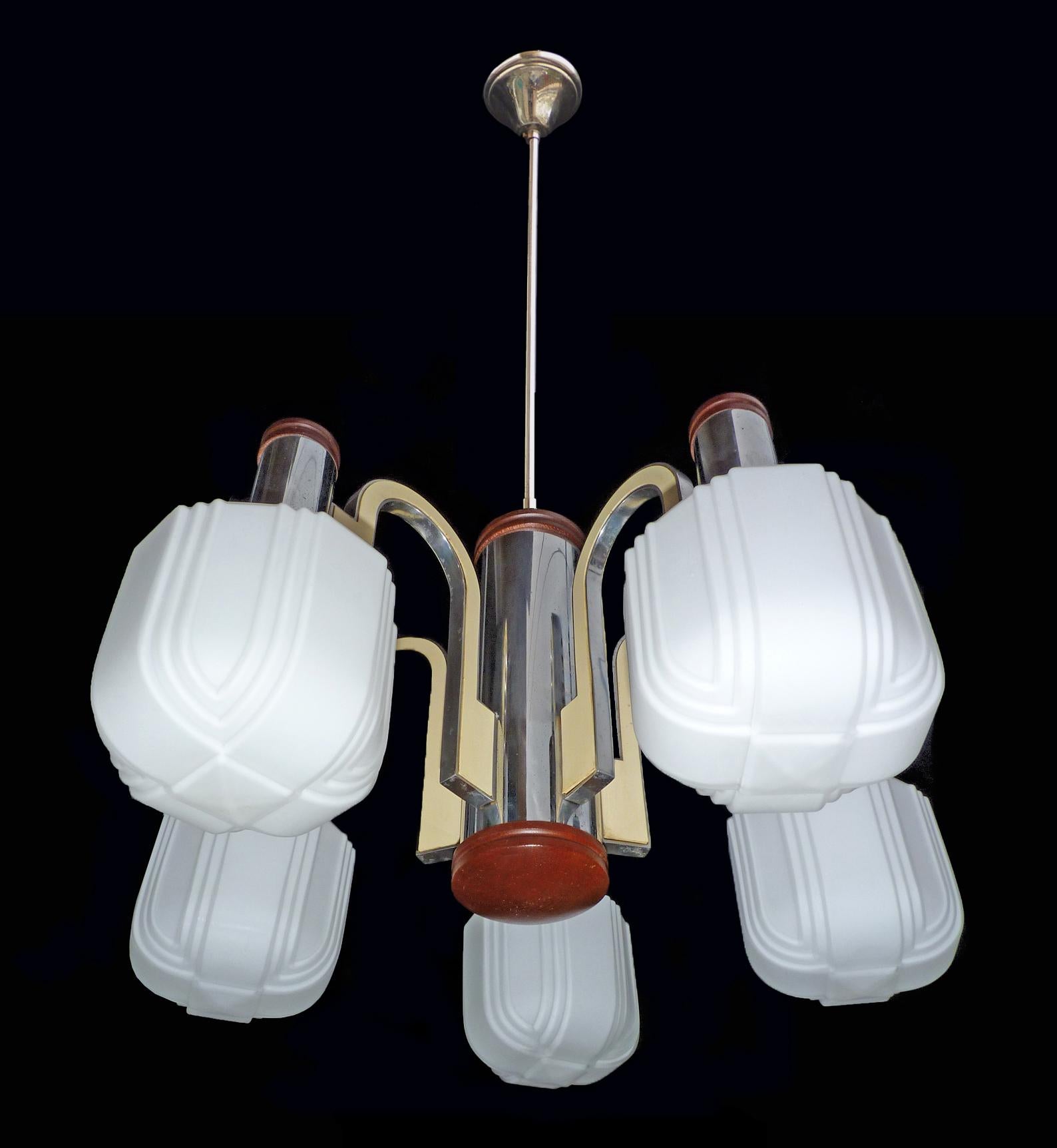 Wood Large French Art Deco Skyscraper Opaline Glass Shades 5-Light Chrome Chandelier For Sale