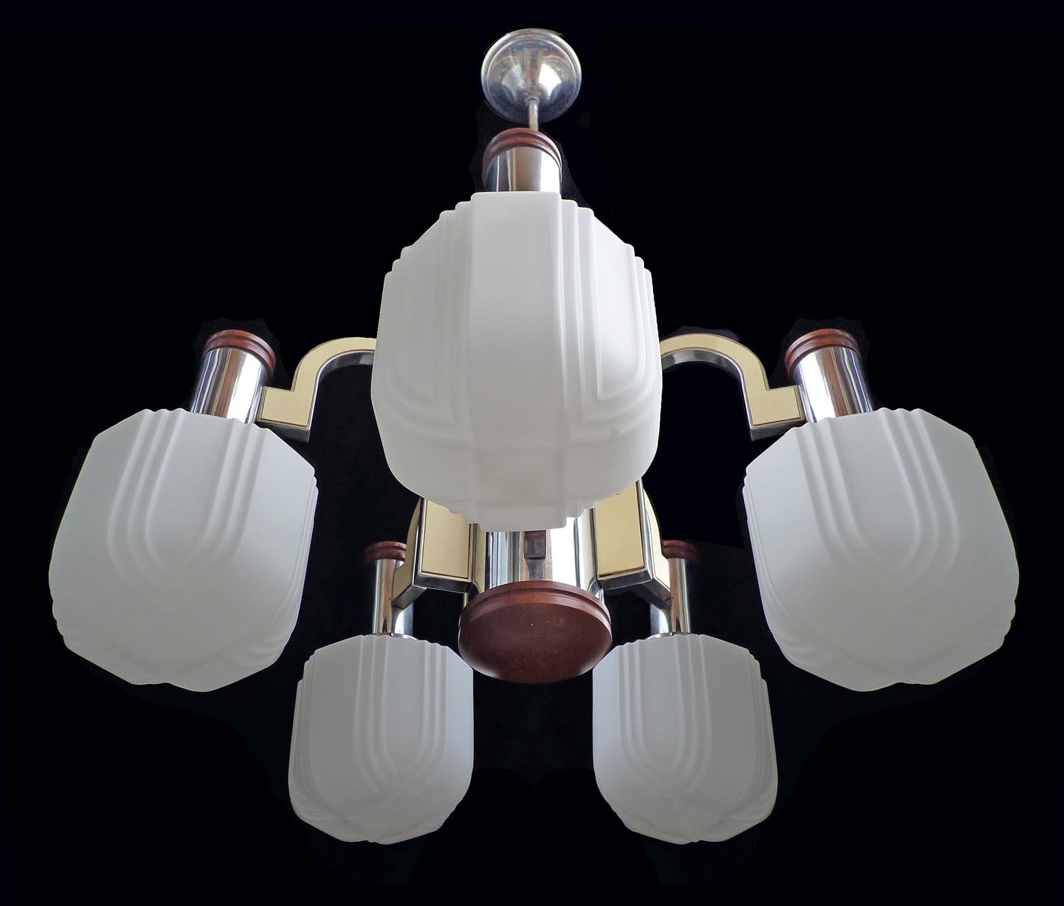 Large French Art Deco Skyscraper Opaline Glass Shades 5-Light Chrome Chandelier For Sale 1