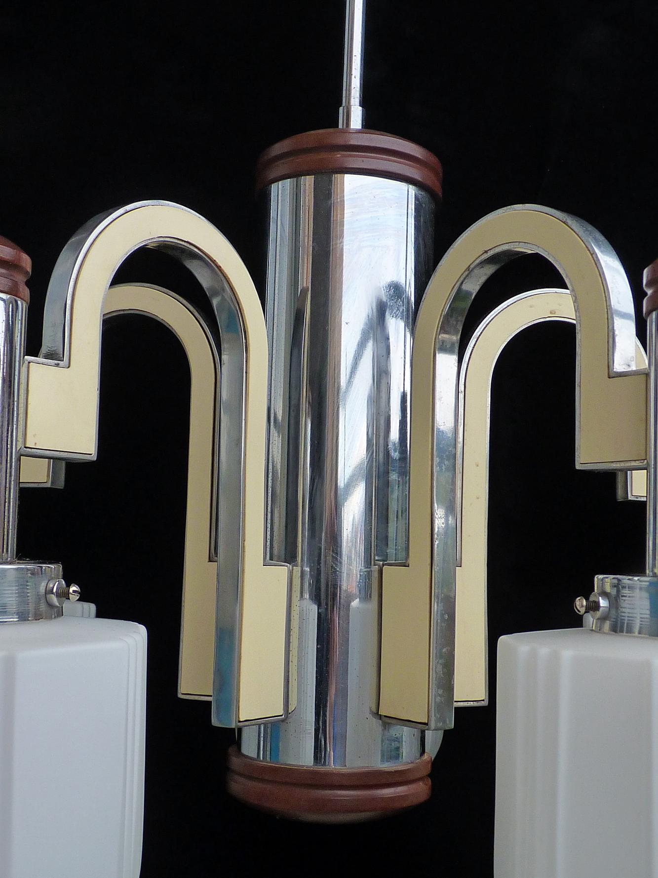 Large French Art Deco Skyscraper Opaline Glass Shades 5-Light Chrome Chandelier For Sale 3