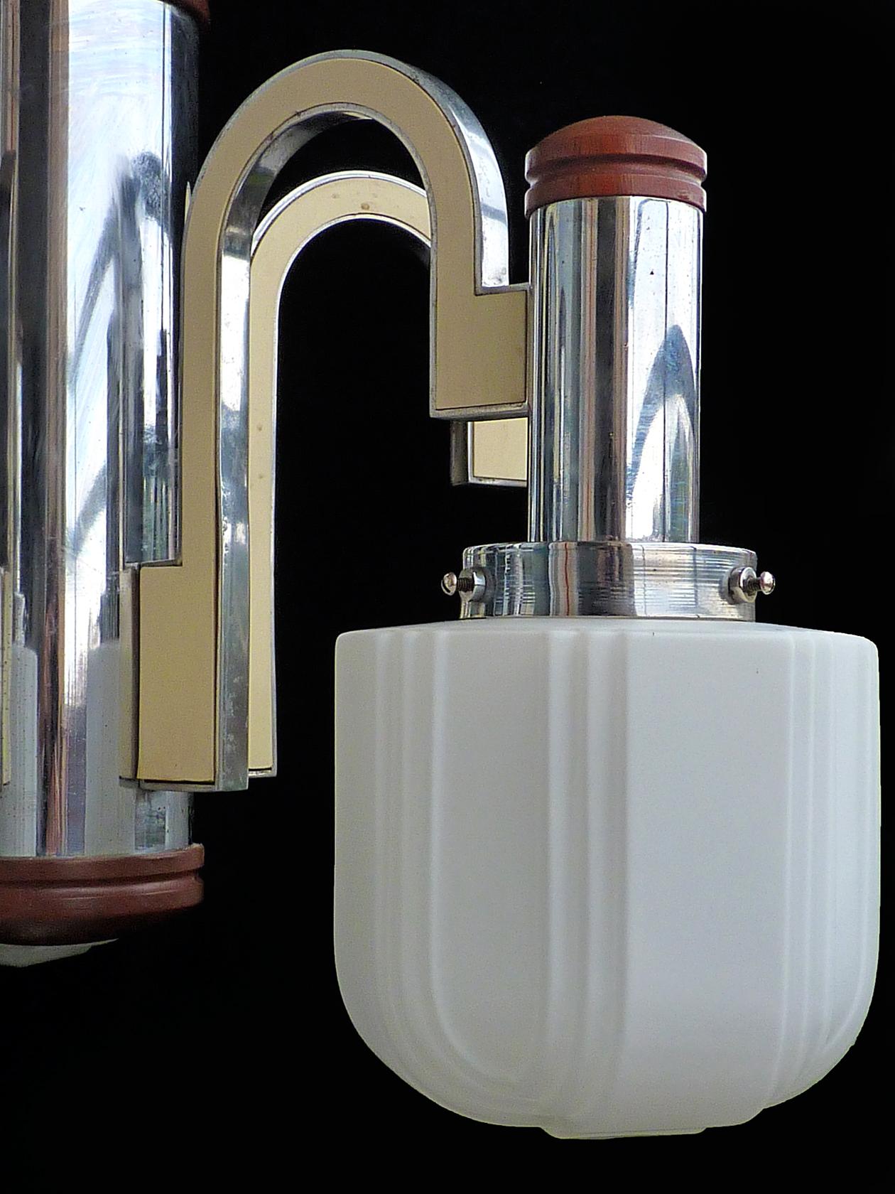 Large French Art Deco Skyscraper Opaline Glass Shades 5-Light Chrome Chandelier For Sale 4