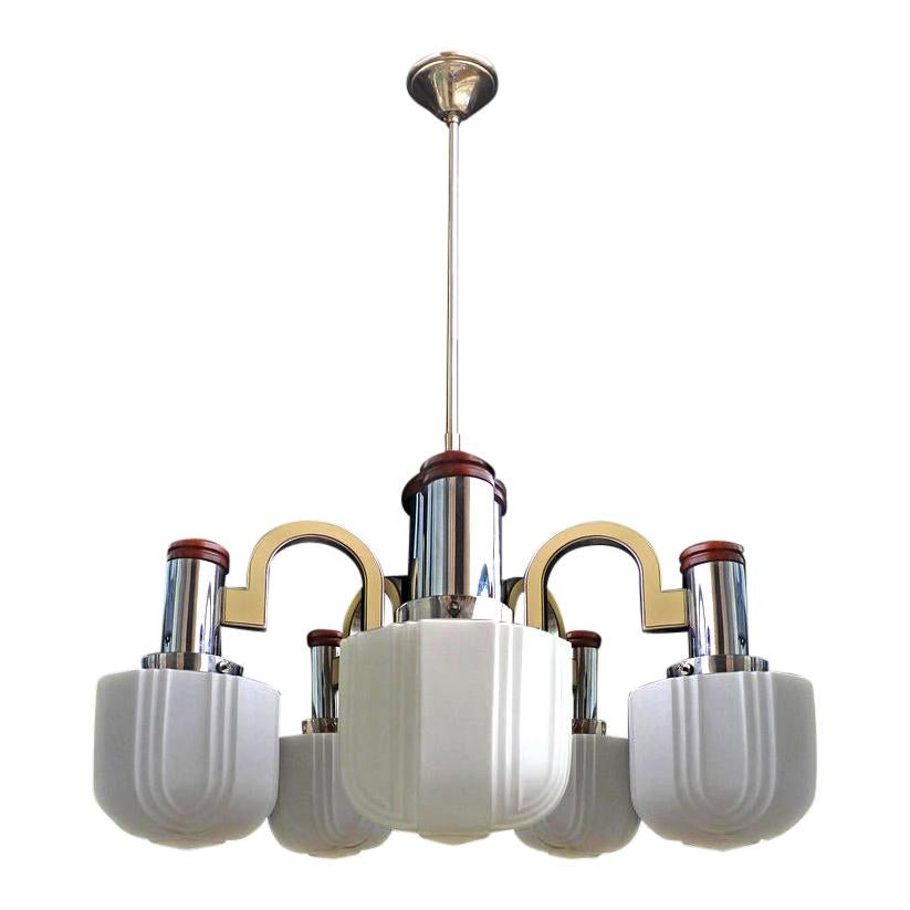 Large French Art Deco Skyscraper Opaline Glass Shades 5-Light Chrome Chandelier For Sale
