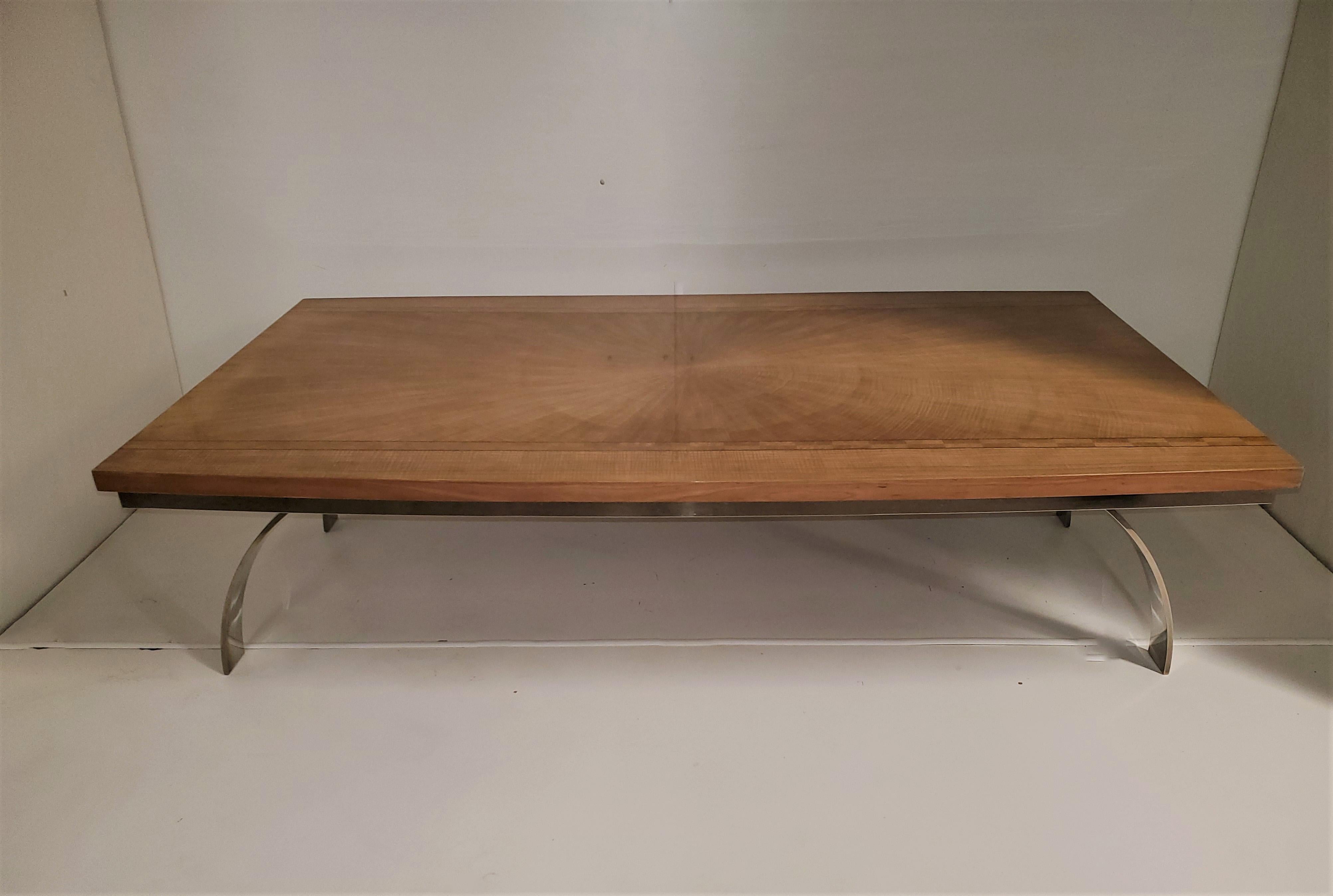 20th Century Large French Art Deco Starburst Inlaid Sycamore Coffee Table W/ Nickeled Bronze
