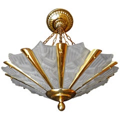 Large French Art Deco Starburst Sunburst Gilt Brass Geometric Chandelier, 1930s