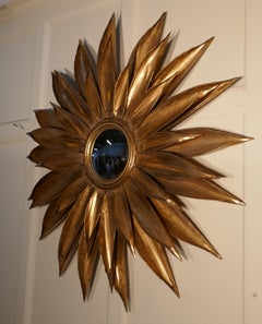 Large French Art Deco Sunburst-Starburst Toleware Convex Gilt Mirror