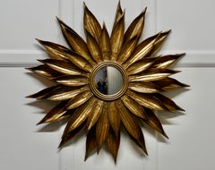 Large French Art Deco Sunburst-Starburst Toleware Convex Gilt Mirror