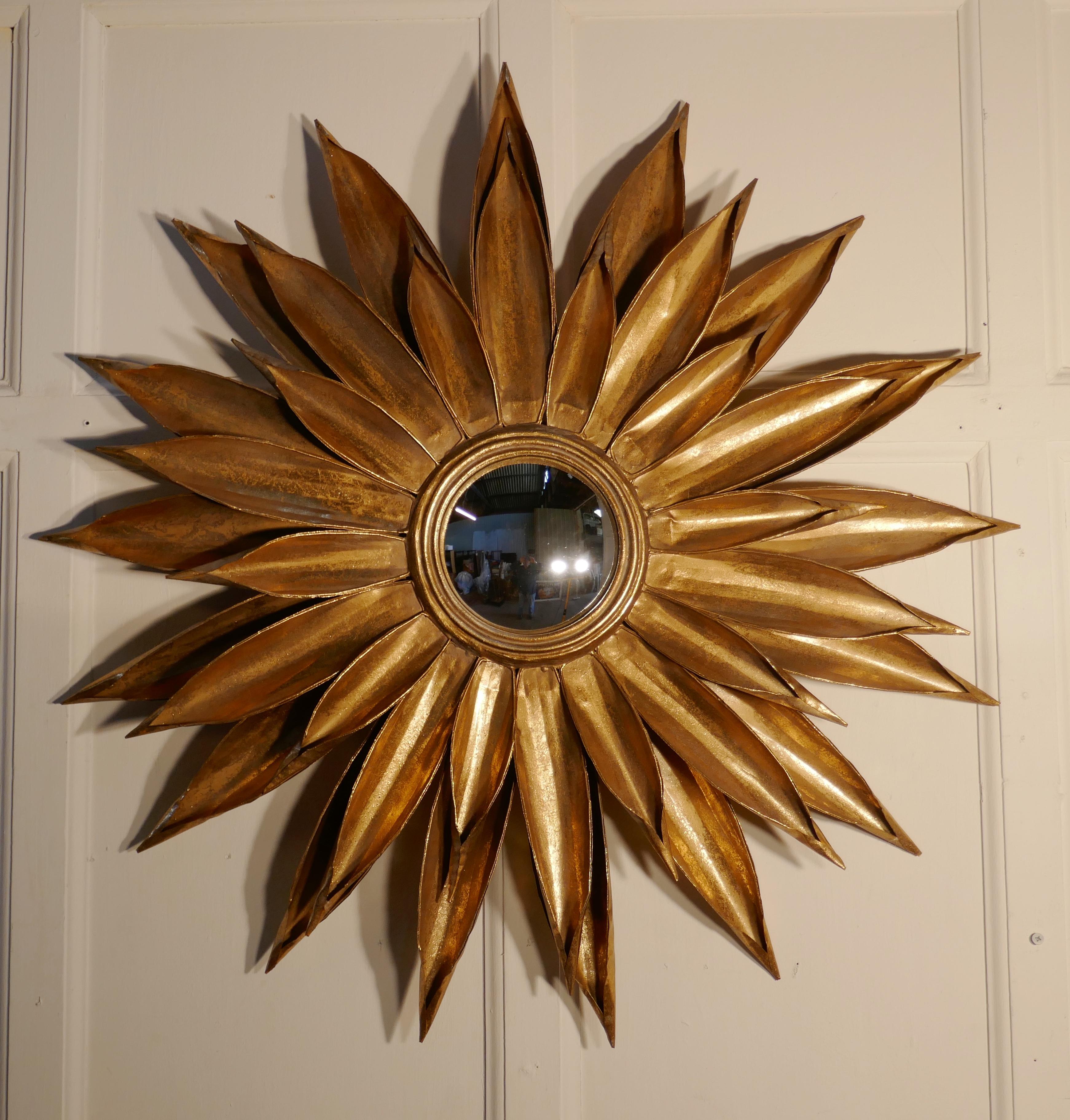 Early 20th Century Large French Art Deco Sunburst-Starburst Toleware Convex Gilt Mirror