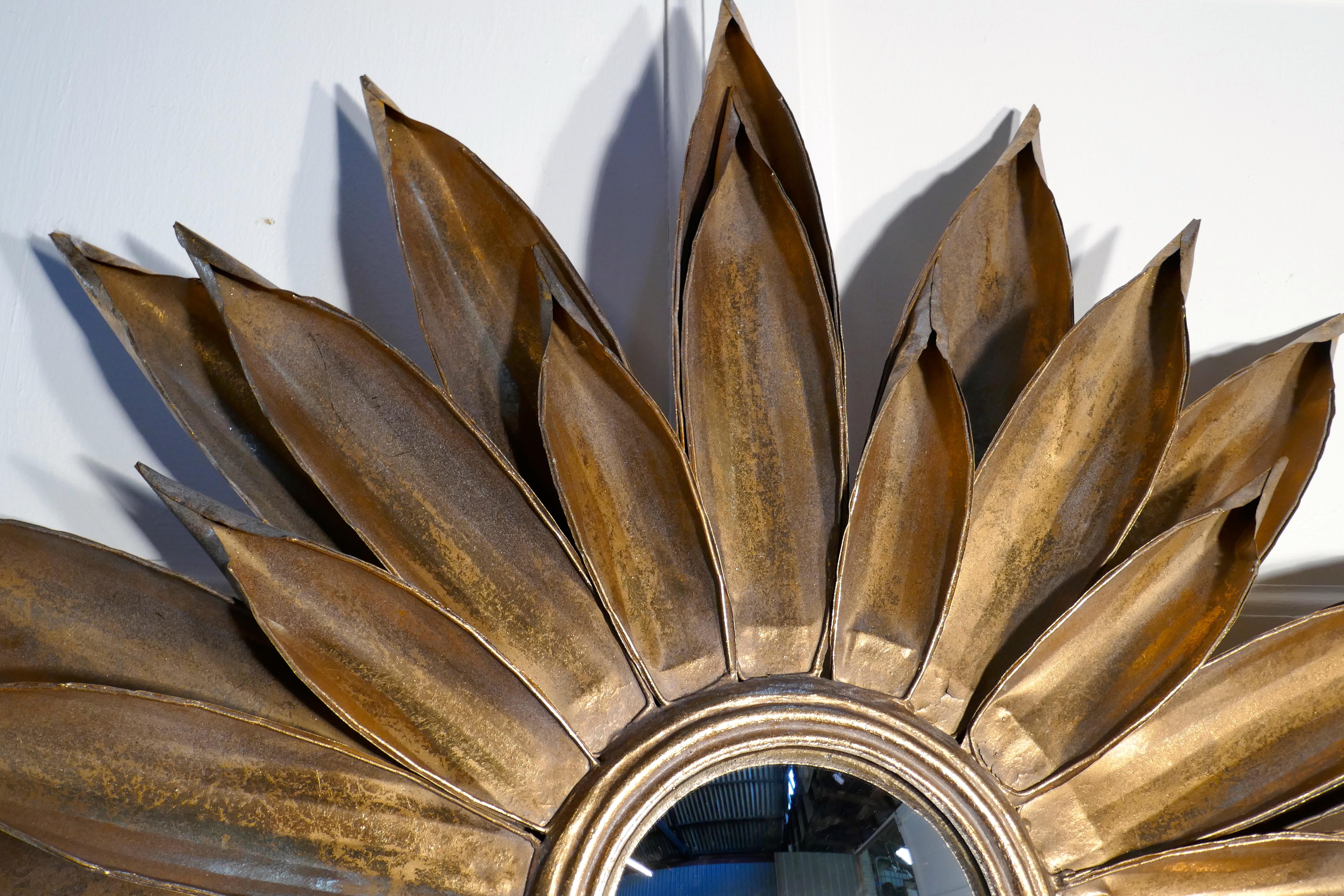 Tin Large French Art Deco Sunburst-Starburst Toleware Convex Gilt Mirror