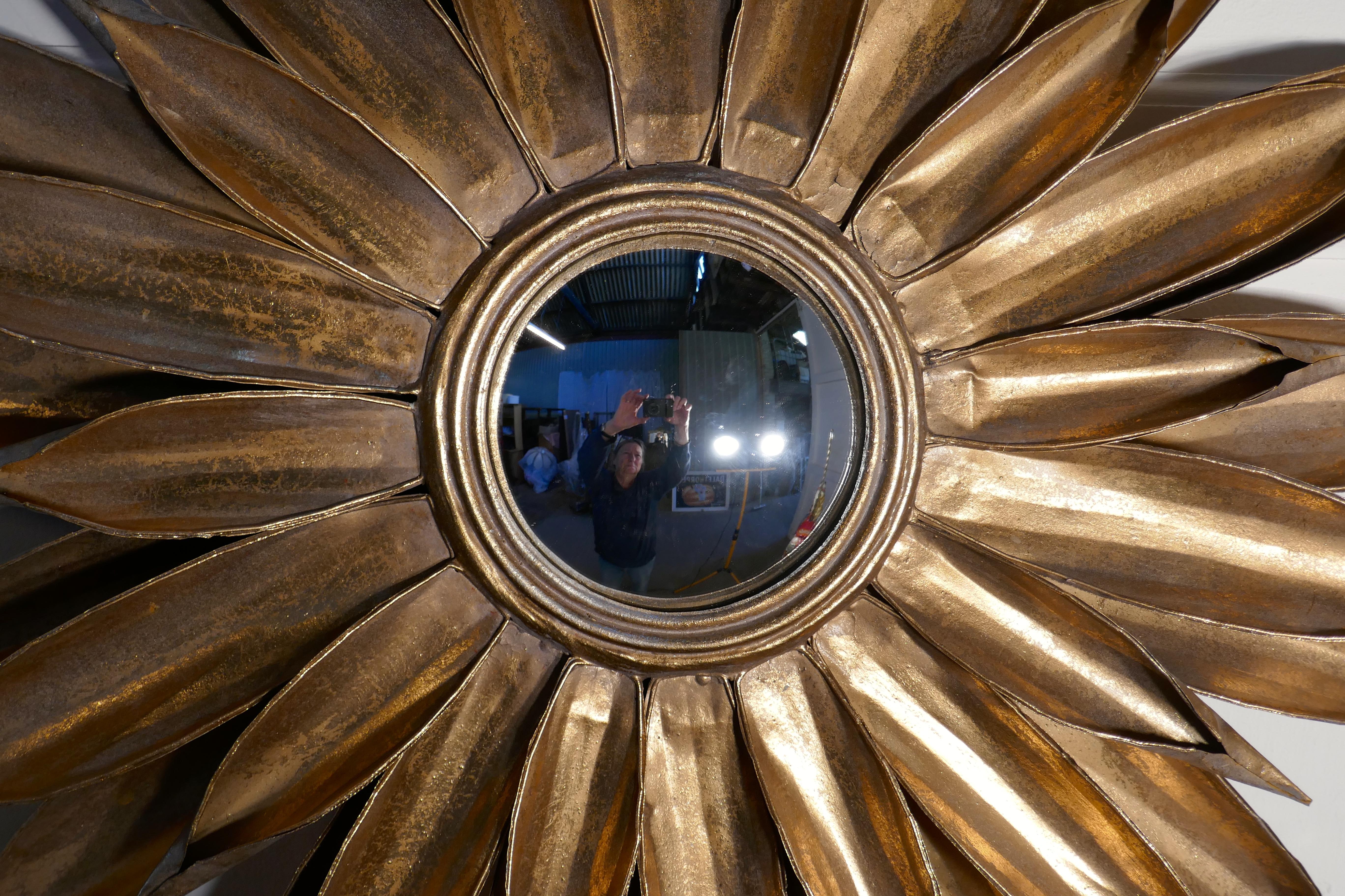 Large French Art Deco Sunburst-Starburst Toleware Convex Gilt Mirror 1