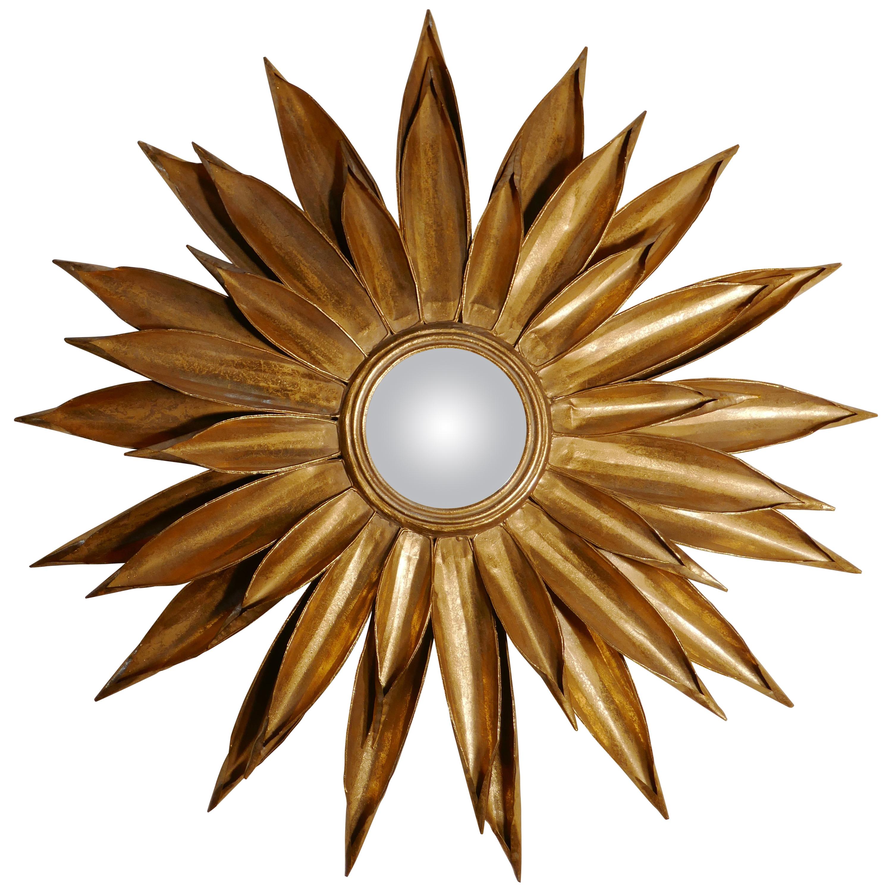 Large French Art Deco Sunburst-Starburst Toleware Convex Gilt Mirror