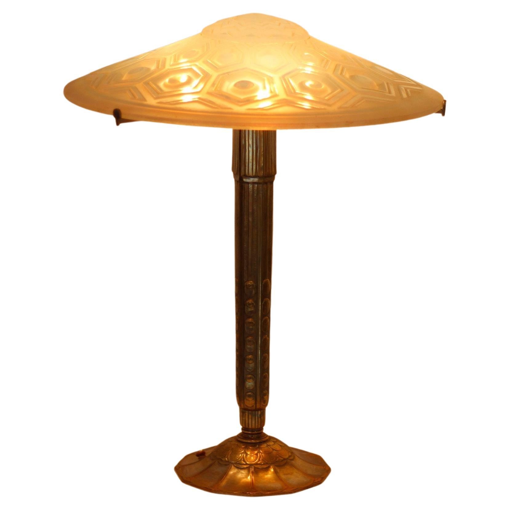 Large French Art Deco Table Lamp, Signed in the Shade A.Kovacs, France For Sale