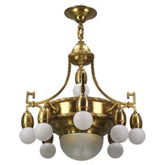 Large French Art Deco Ten-Light Brass and Frosted Cut Glass Chandelier, 1930s