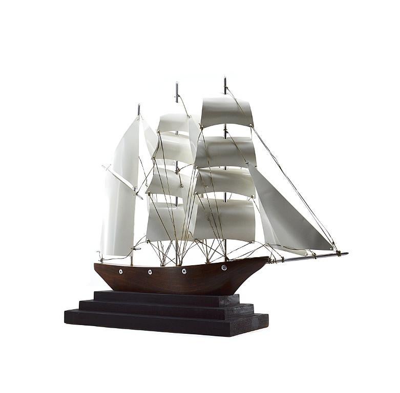Large French Art Deco three-masted barque ship by Anthoine Art Bois, France, 1930s. Wood and metal. Painted white metal sails, wood hull and painted black base