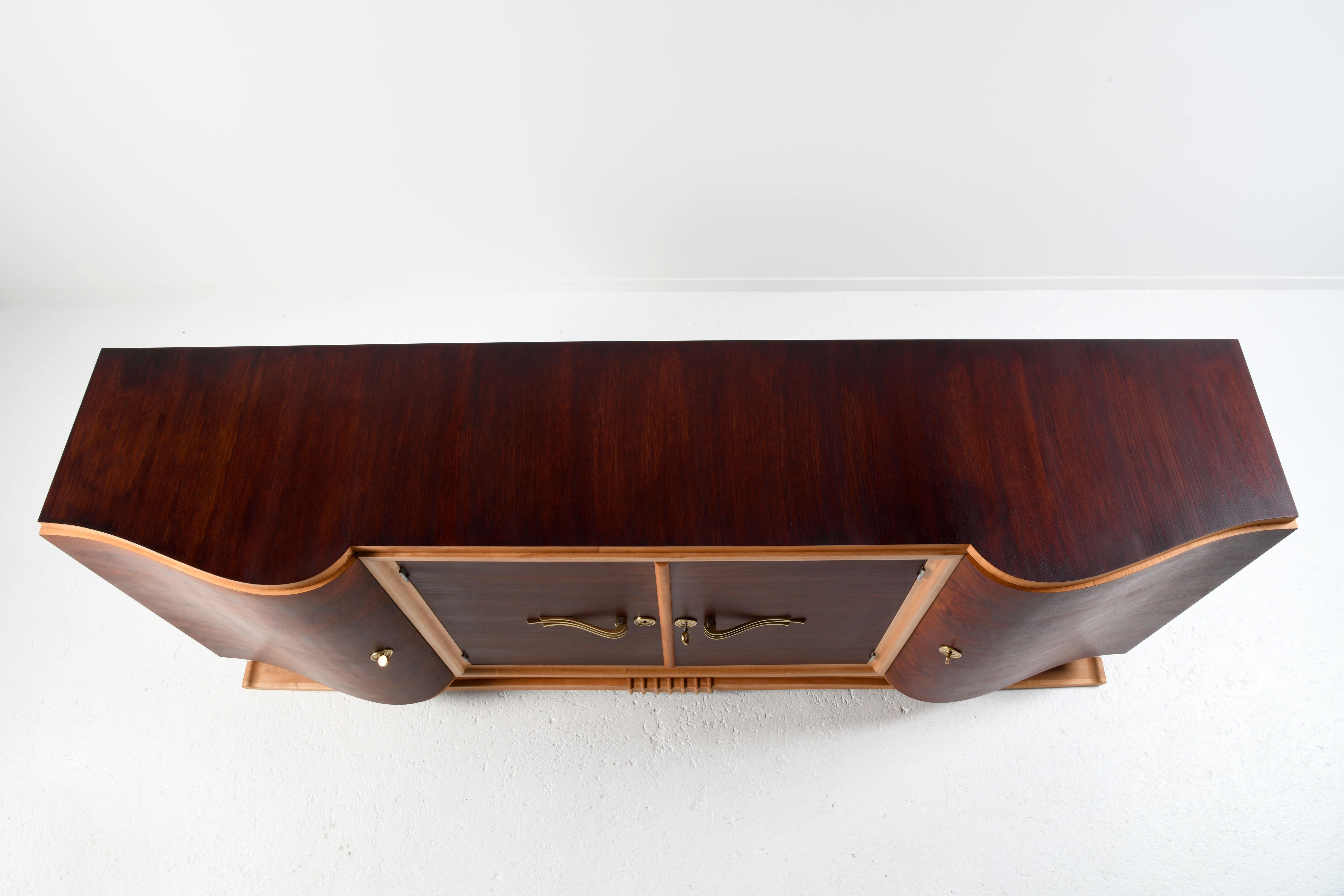 Large french Art Deco two-tones sideboard, walnut, oak, and sycamore 4
