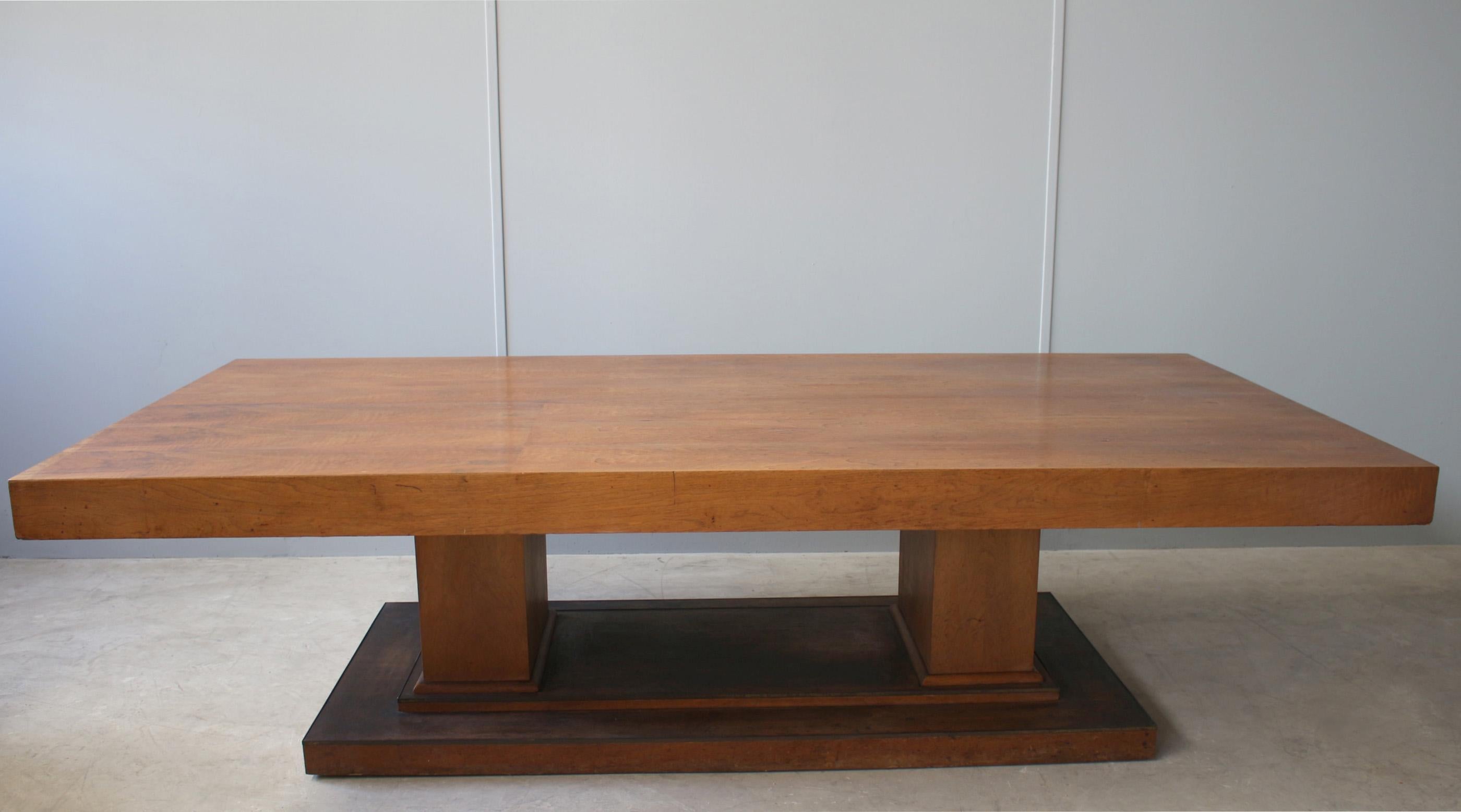Large French Art Deco Walnut Pedestal Dining Table by Jean-Charles Moreux In Fair Condition For Sale In Long Island City, NY