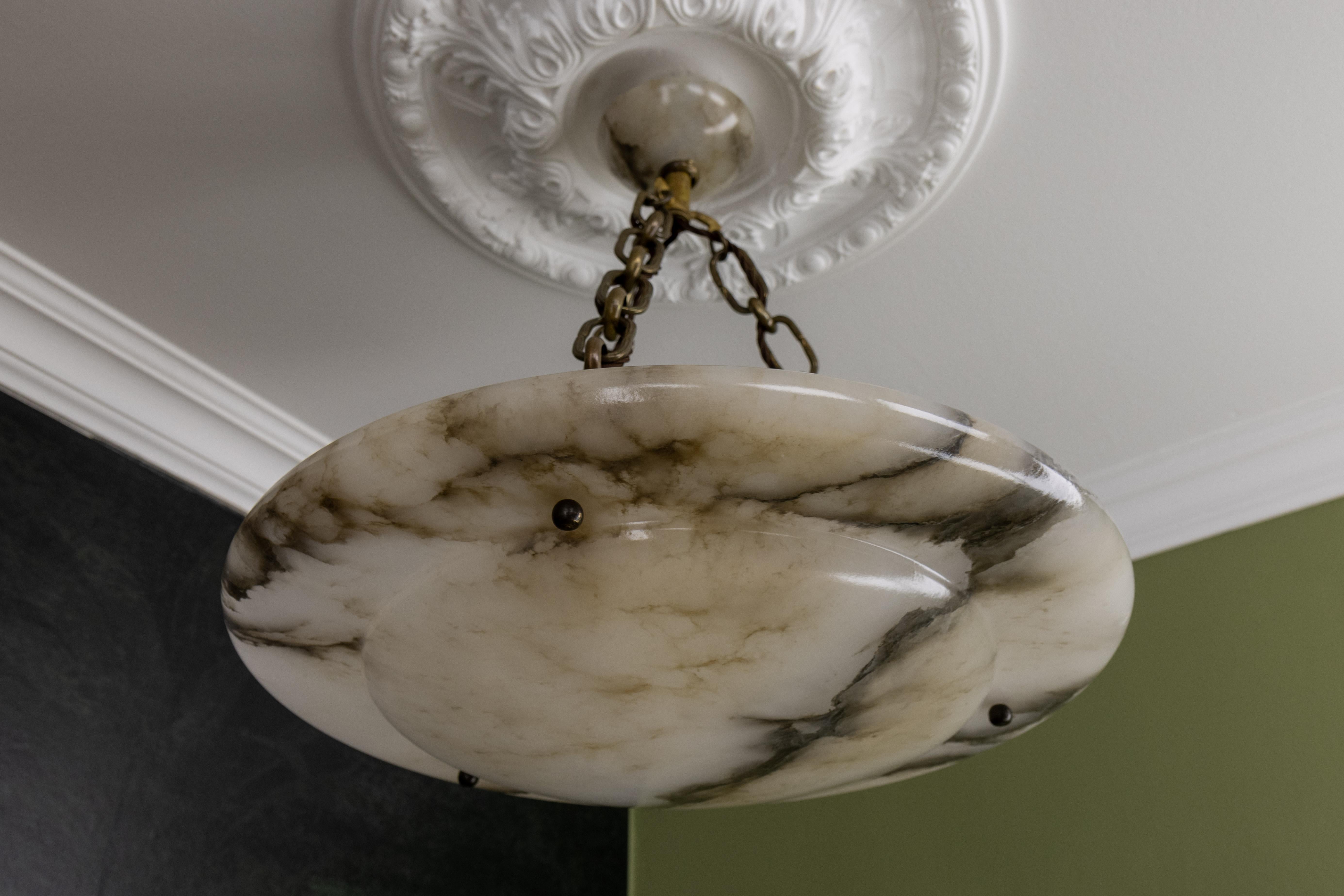 Large French Art Deco White Alabaster Pendant Light with Dark Veins, ca 1920 For Sale 5