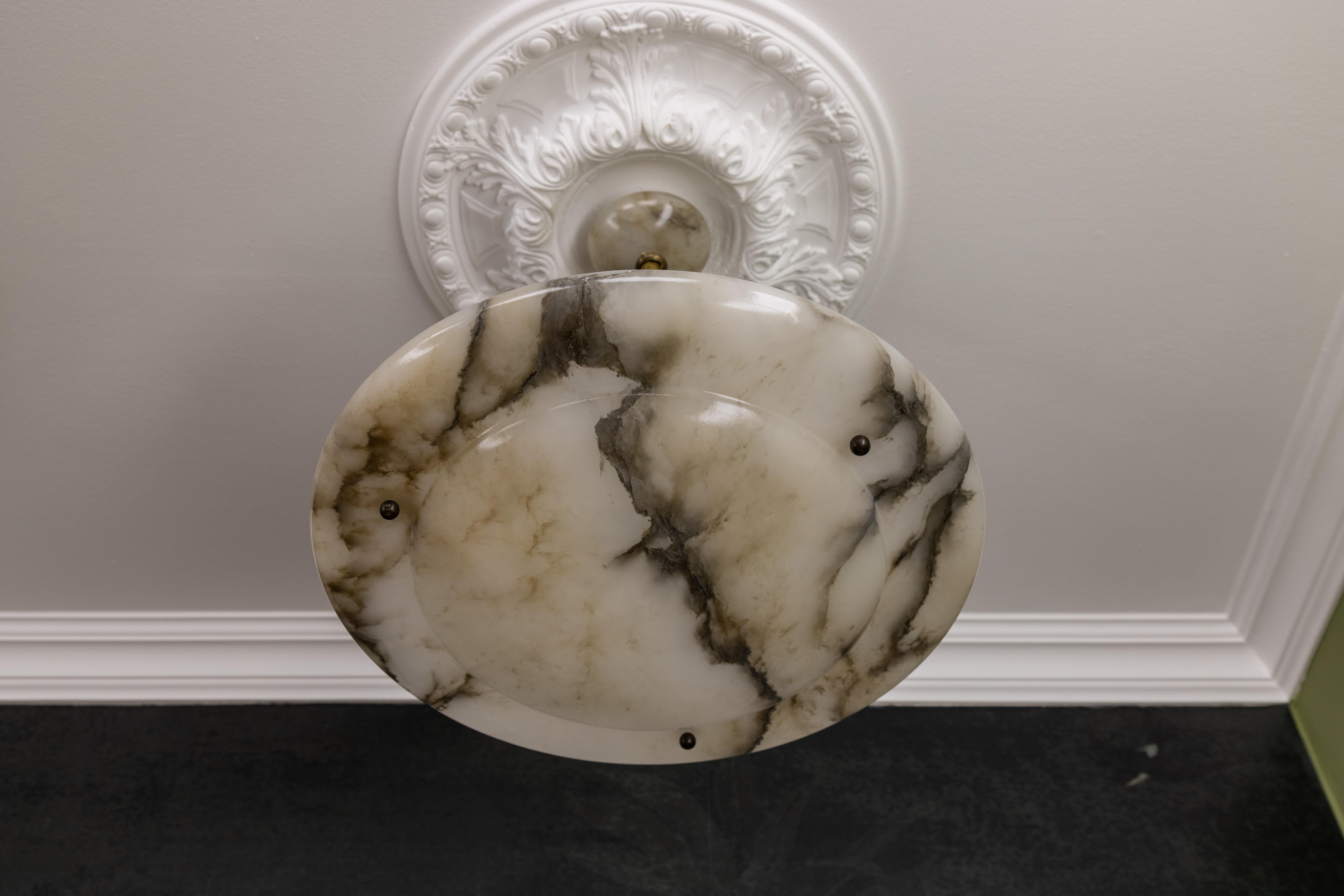 Large French Art Deco White Alabaster Pendant Light with Dark Veins, ca 1920 For Sale 7