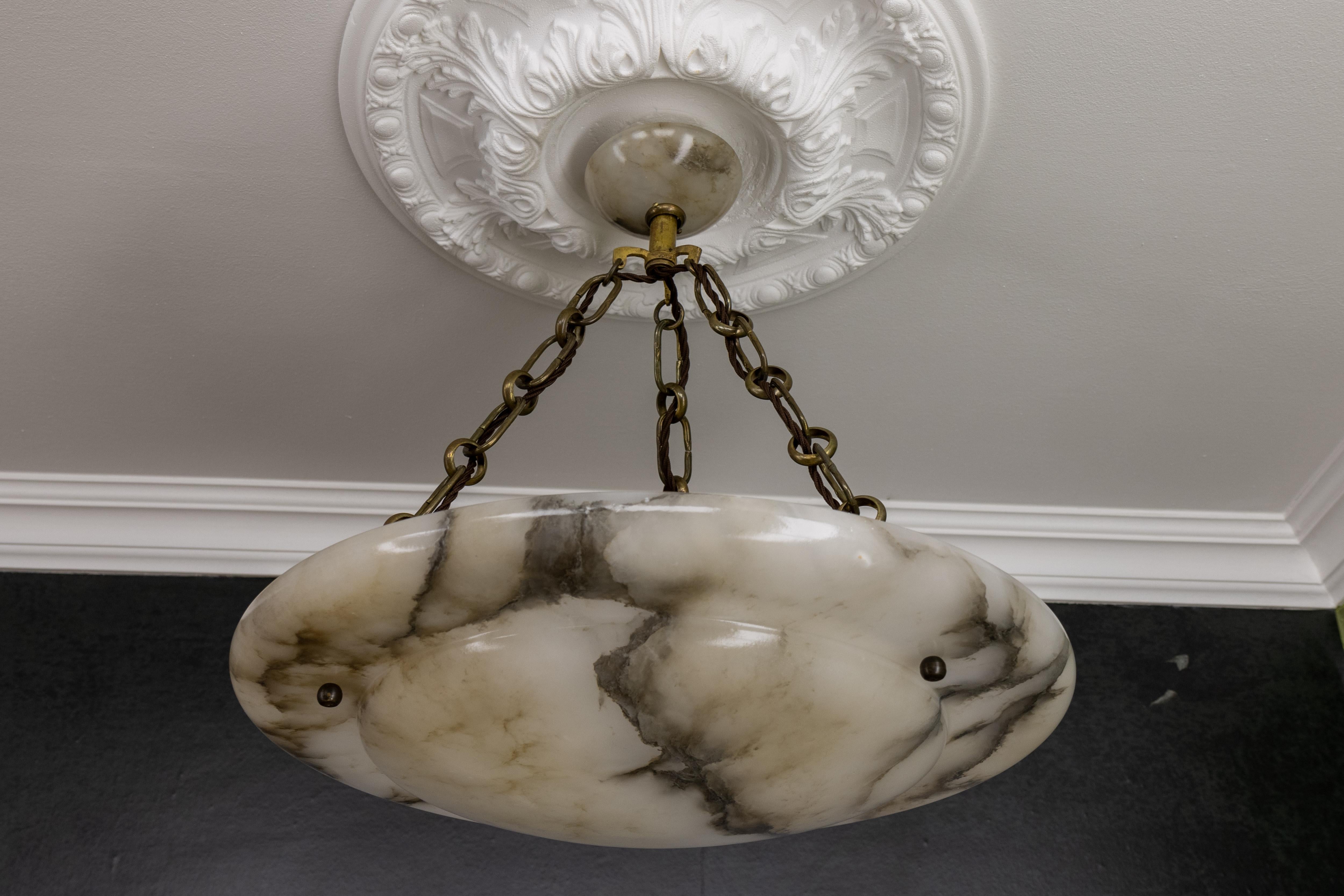 Large French Art Deco White Alabaster Pendant Light with Dark Veins, ca 1920 For Sale 8