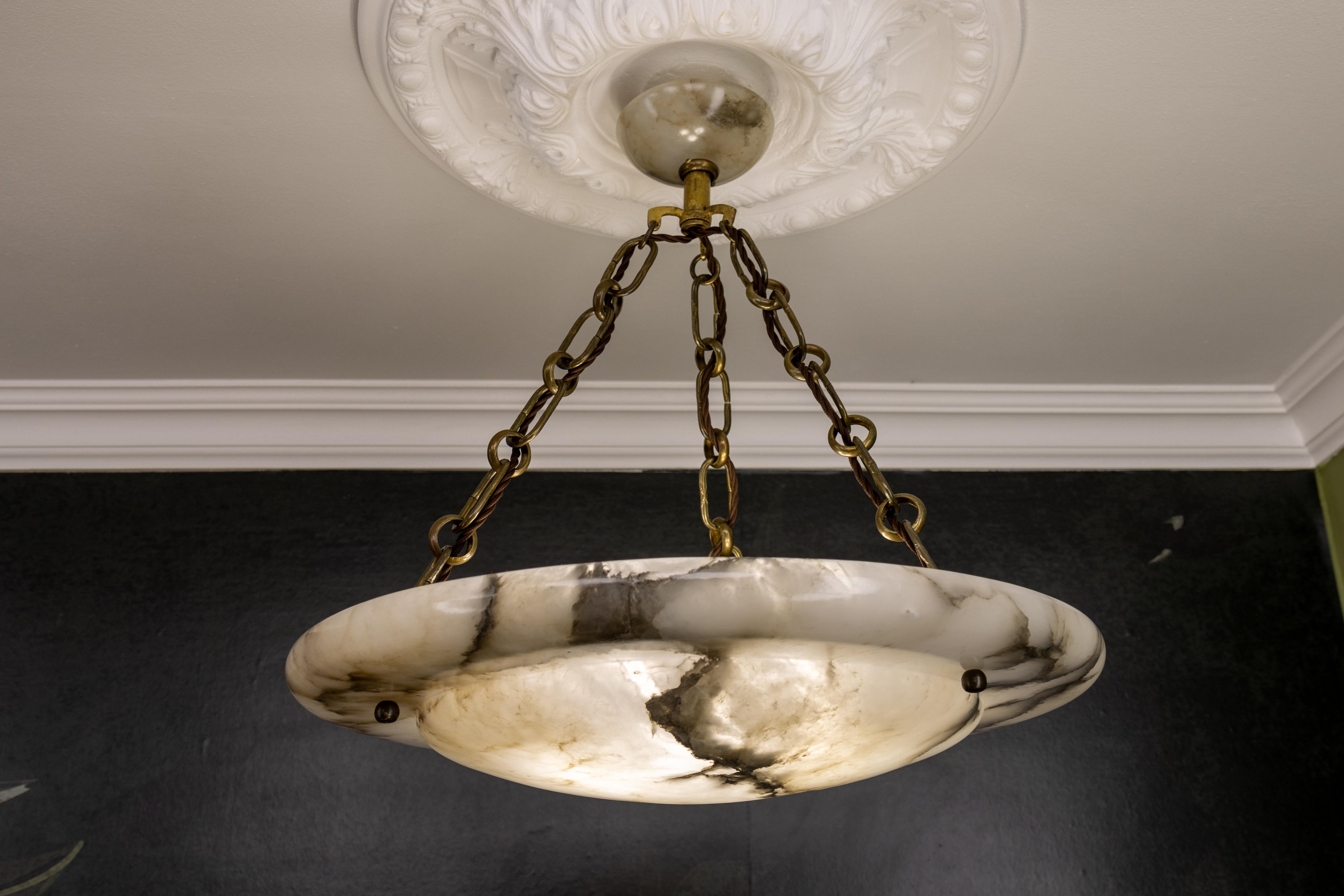 Large French Art Deco White Alabaster Pendant Light with Dark Veins, ca 1920 For Sale 9