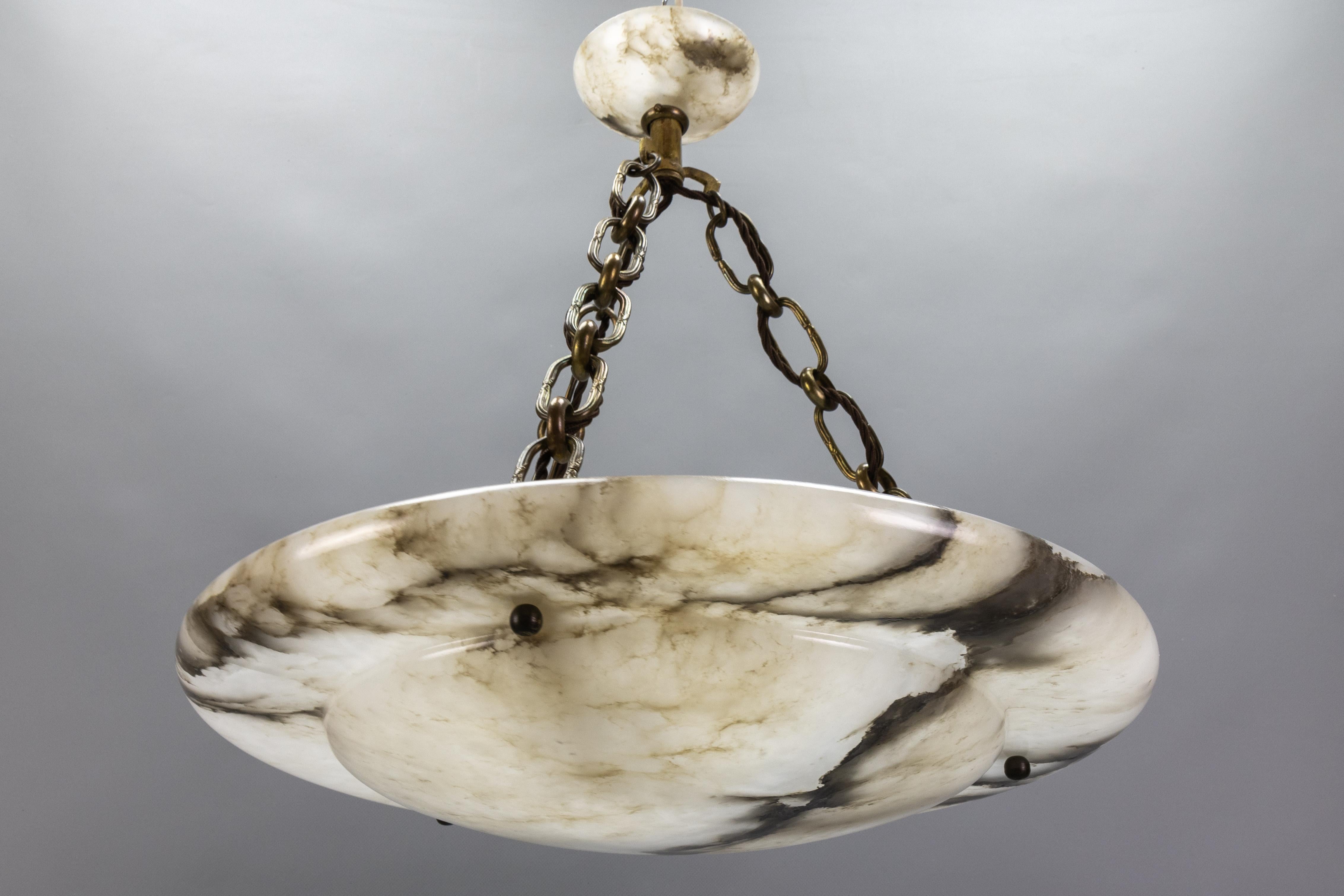 Large French Art Deco White Alabaster Pendant Light with Dark Veins, ca 1920 For Sale 11