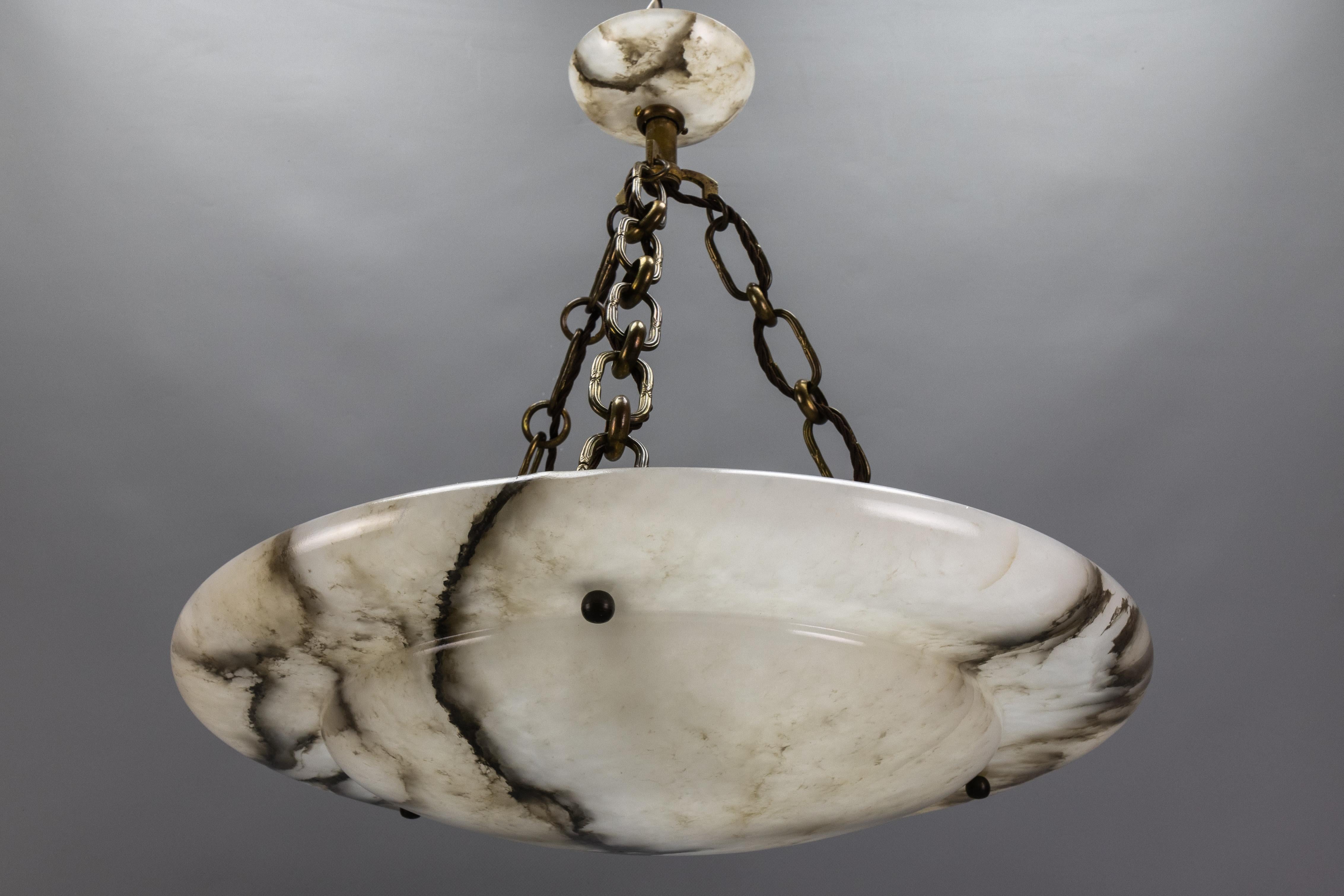 Large French Art Deco White Alabaster Pendant Light with Dark Veins, ca 1920 For Sale 12
