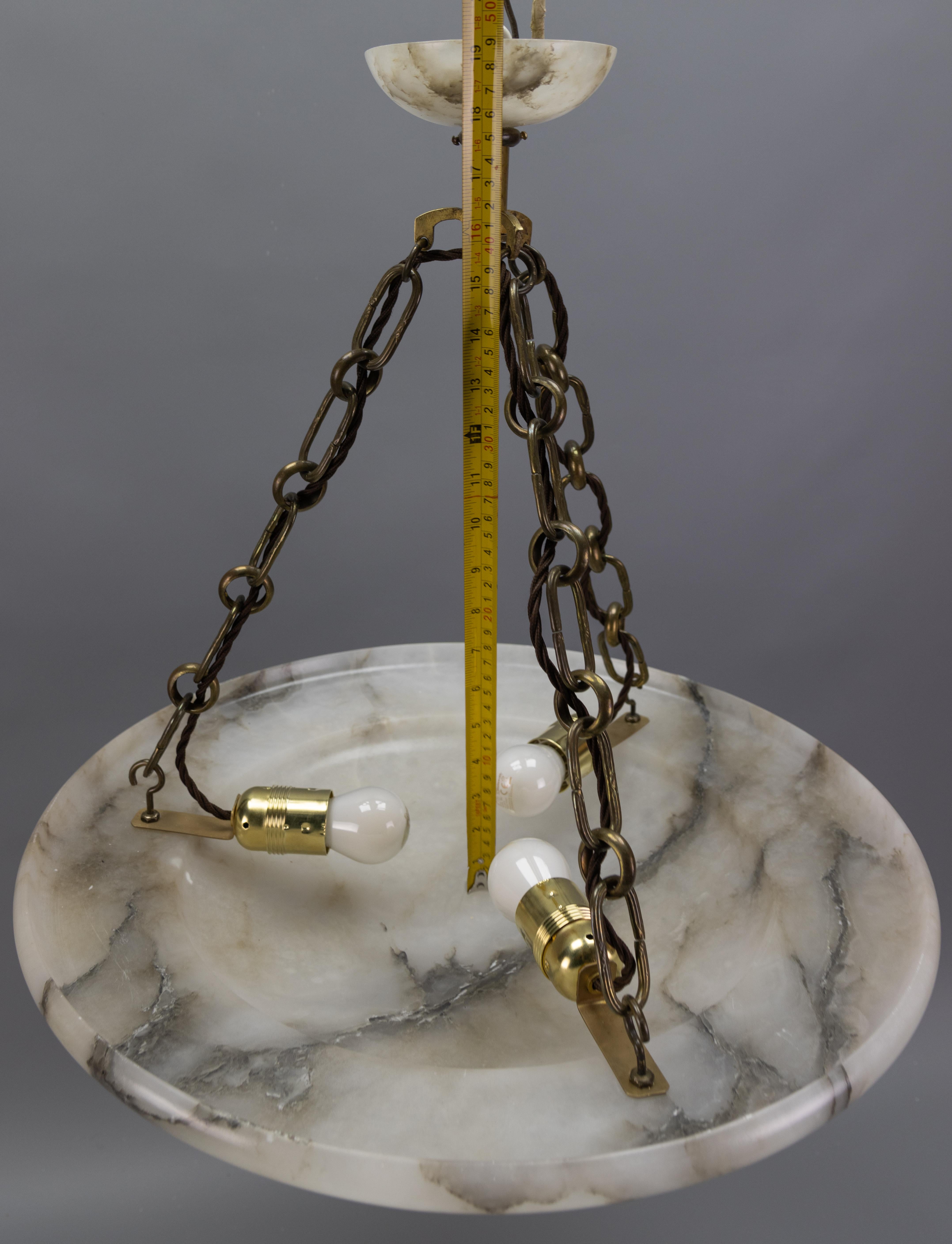 Large French Art Deco White Alabaster Pendant Light with Dark Veins, ca 1920 For Sale 13