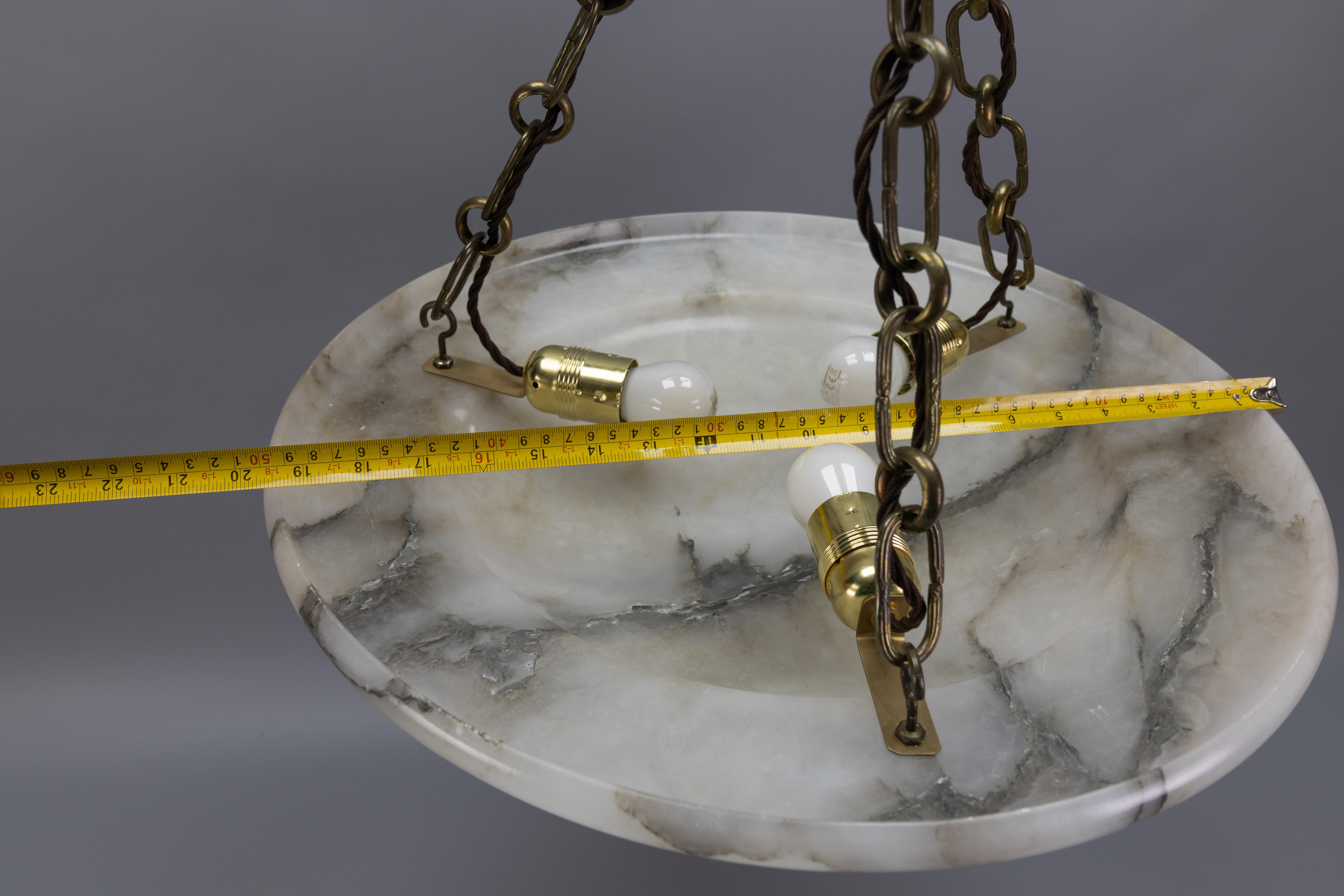 Large French Art Deco White Alabaster Pendant Light with Dark Veins, ca 1920 For Sale 14