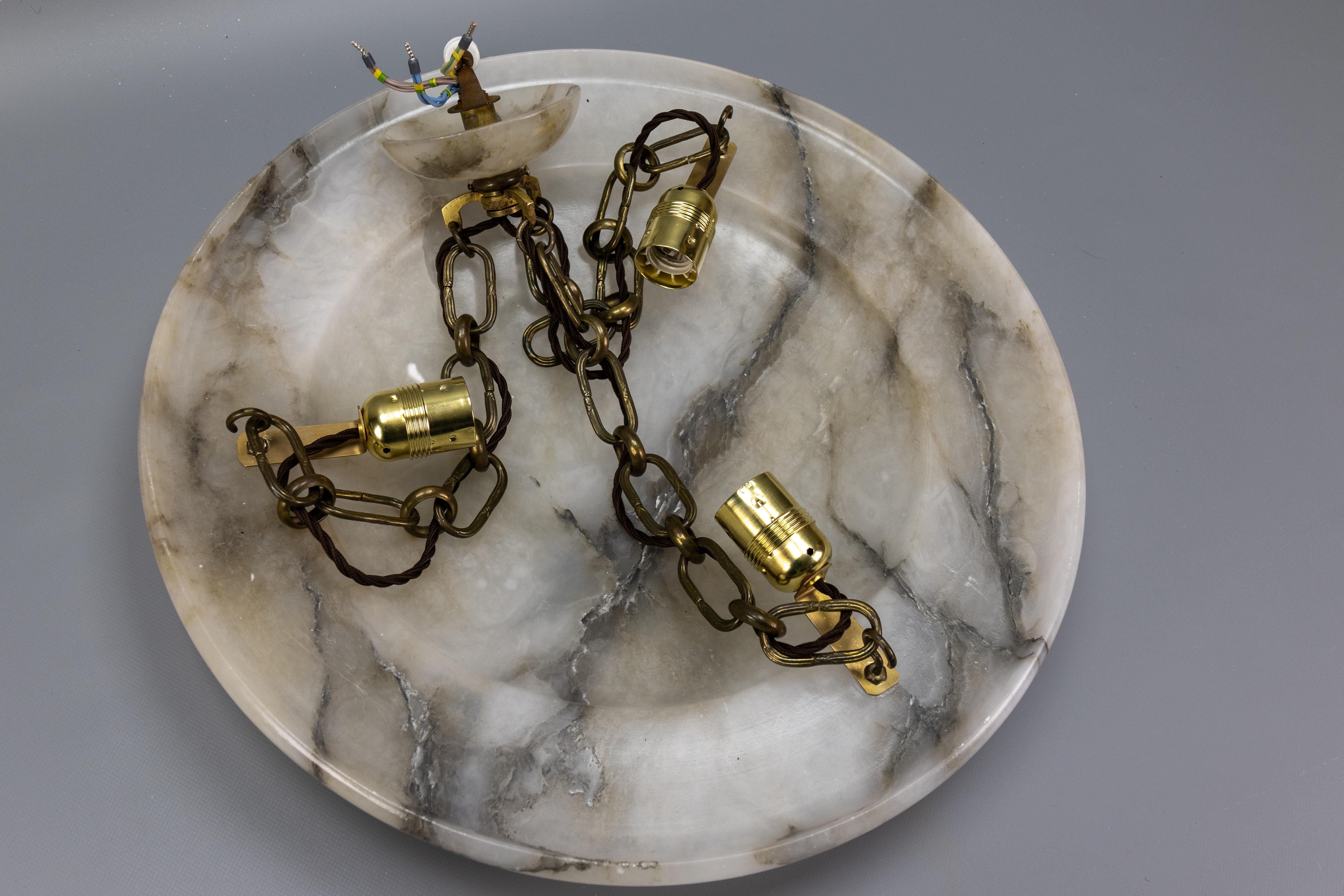 Large French Art Deco White Alabaster Pendant Light with Dark Veins, ca 1920 For Sale 15
