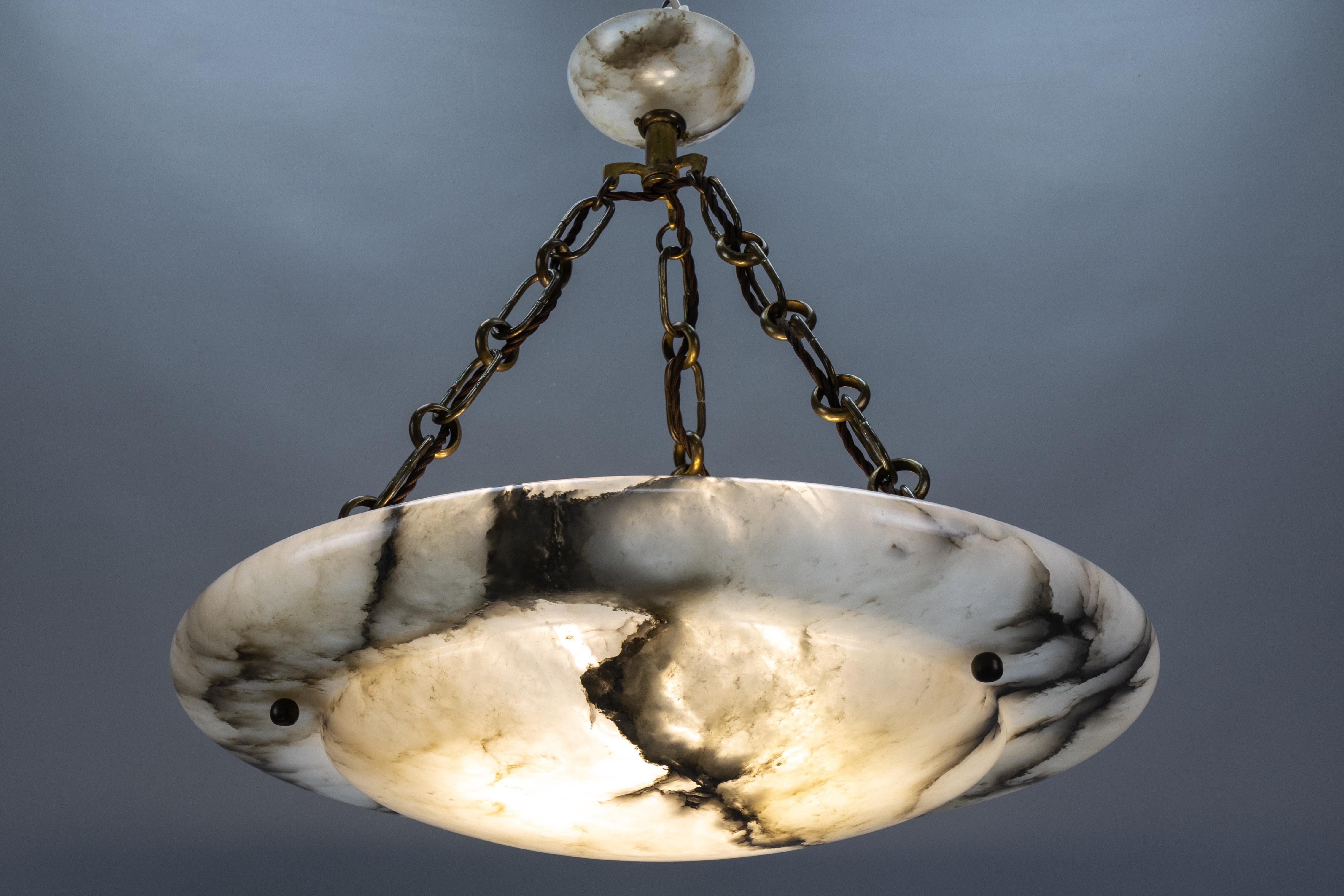 Early 20th Century Large French Art Deco White Alabaster Pendant Light with Dark Veins, ca 1920 For Sale