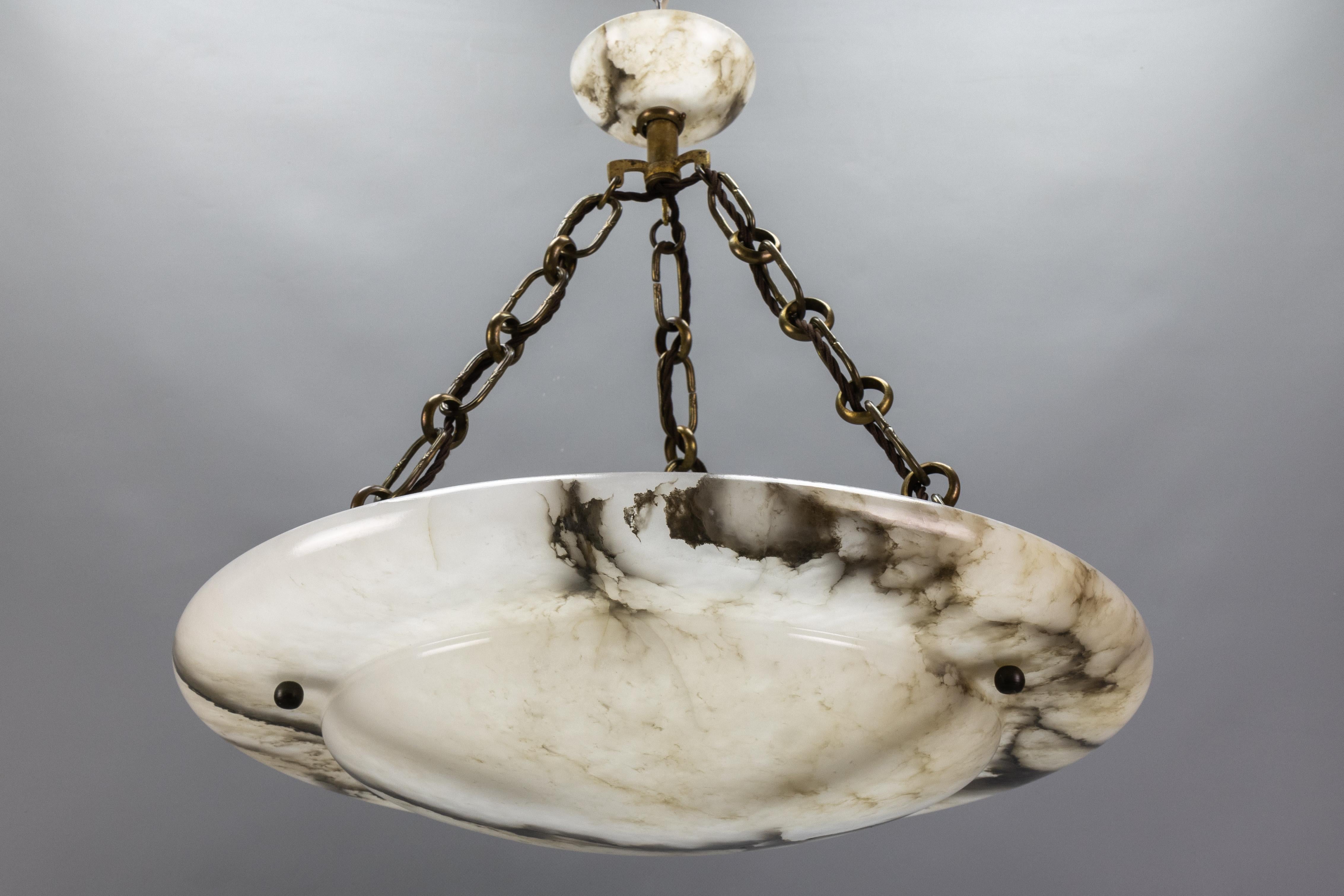 Metal Large French Art Deco White Alabaster Pendant Light with Dark Veins, ca 1920 For Sale