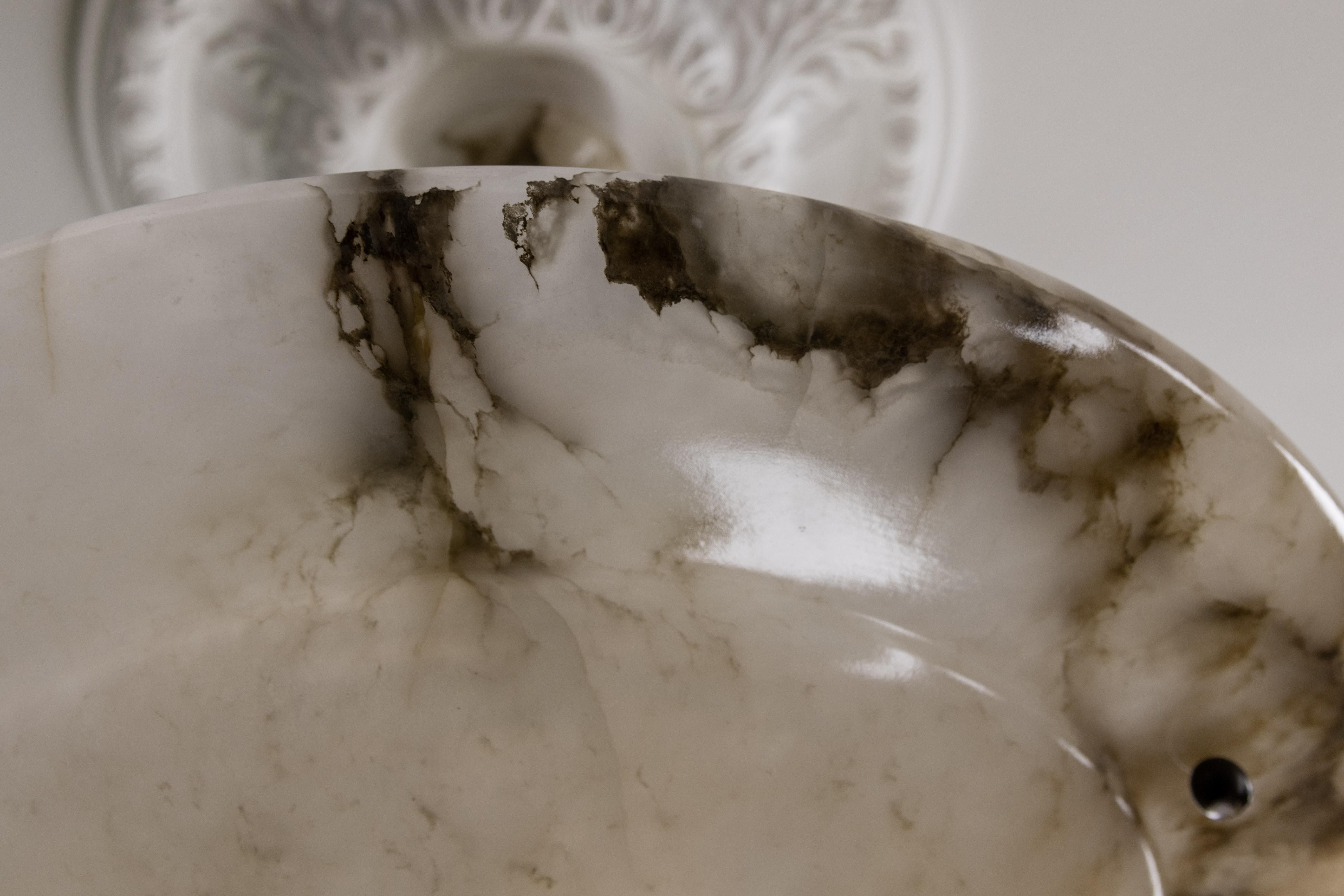 Large French Art Deco White Alabaster Pendant Light with Dark Veins, ca 1920 For Sale 1