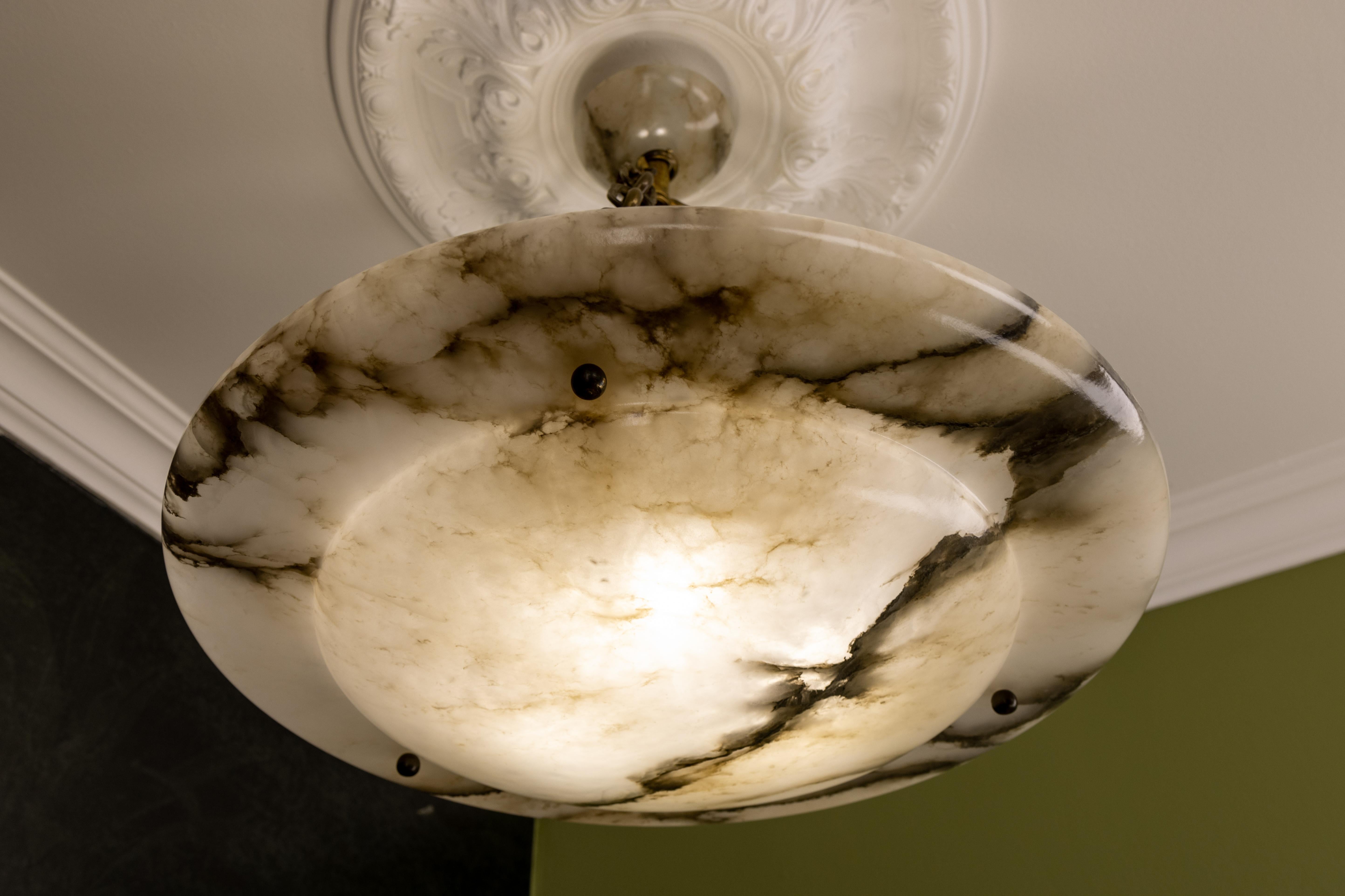 Large French Art Deco White Alabaster Pendant Light with Dark Veins, ca 1920 For Sale 4