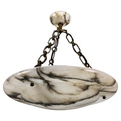 Antique Large French Art Deco White Alabaster Pendant Light with Dark Veins, ca 1920