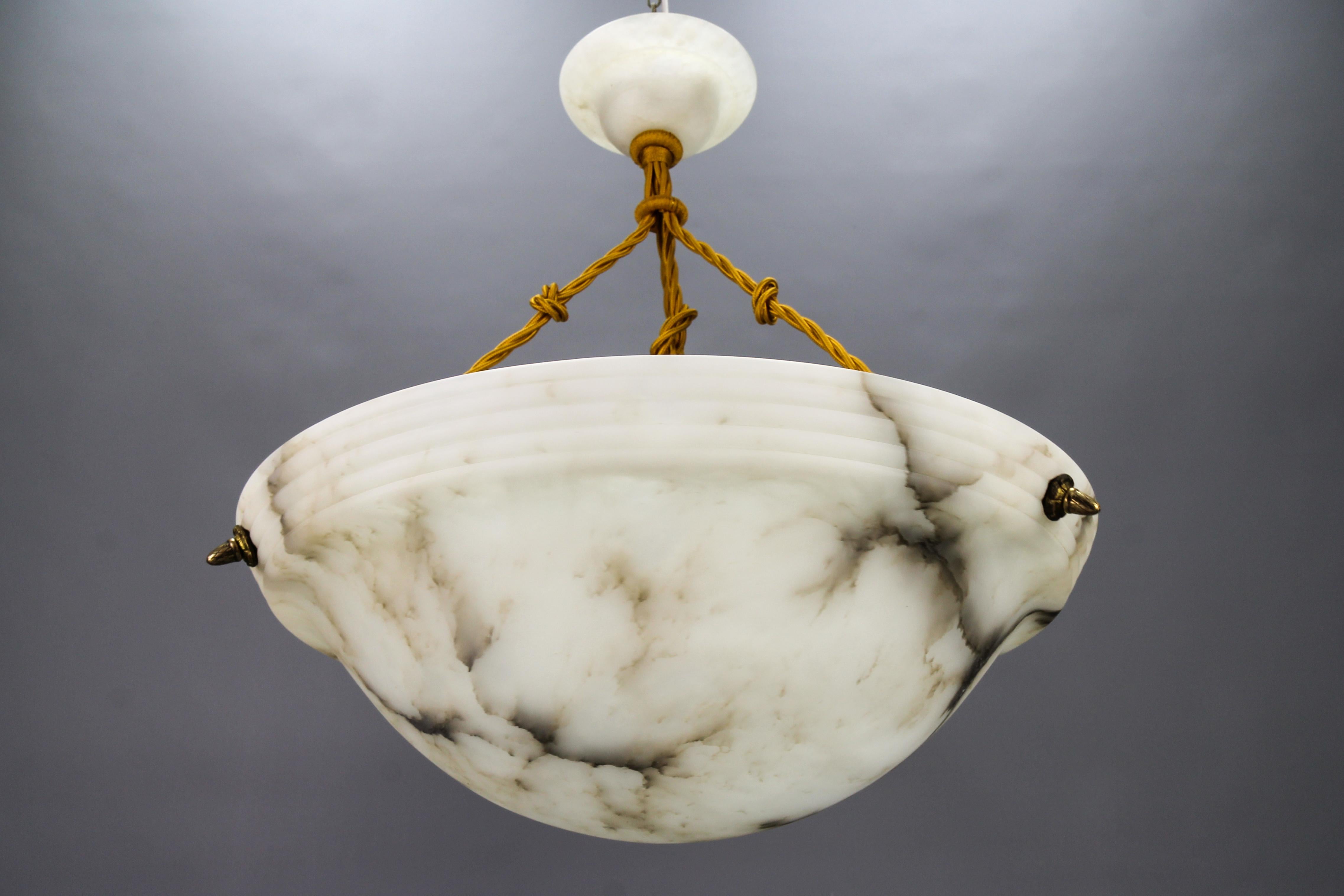 Large French Art Deco White and Black Alabaster Pendant Light Fixture, 1920 14