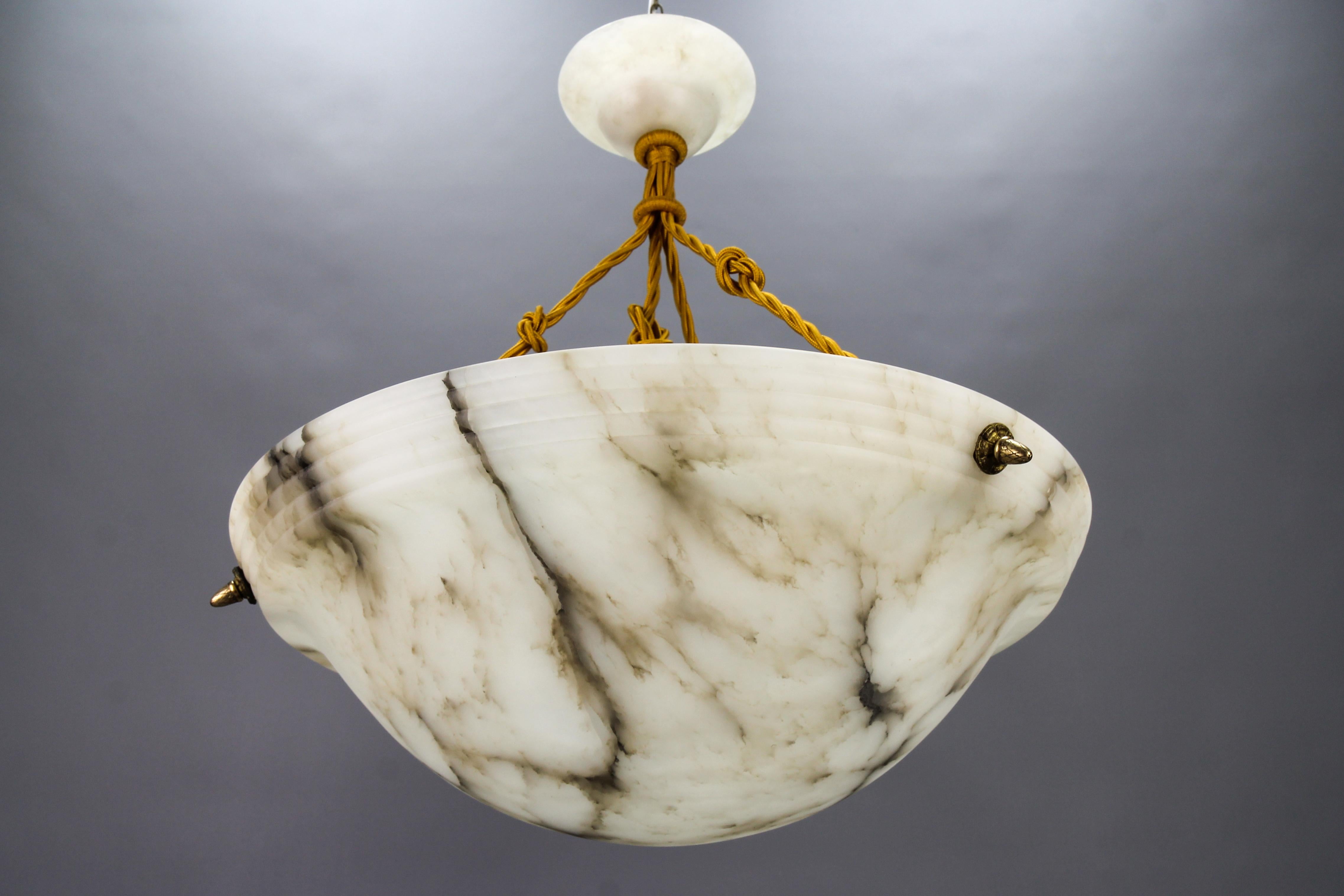 Early 20th Century Large French Art Deco White and Black Alabaster Pendant Light Fixture, 1920