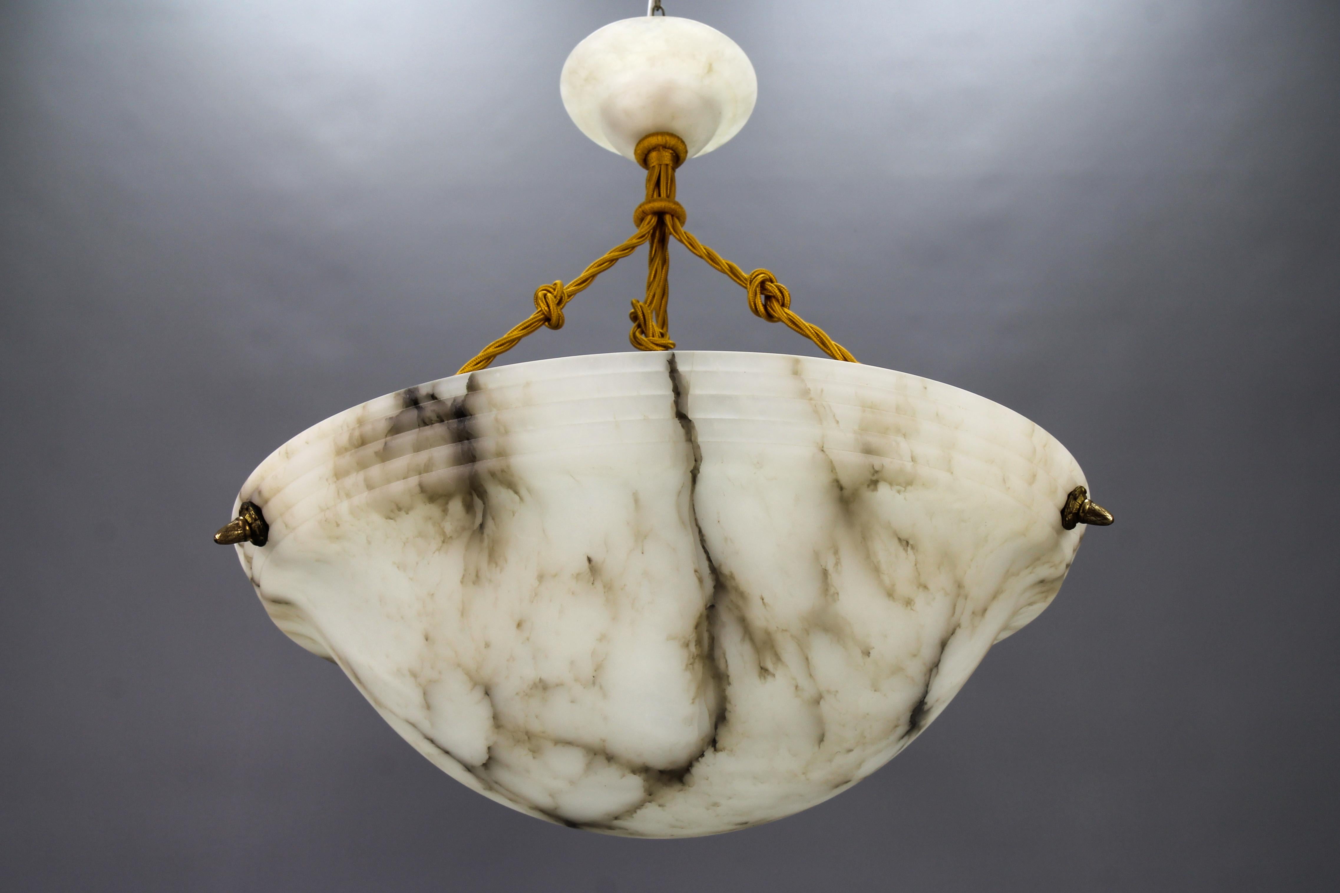 Brass Large French Art Deco White and Black Alabaster Pendant Light Fixture, 1920