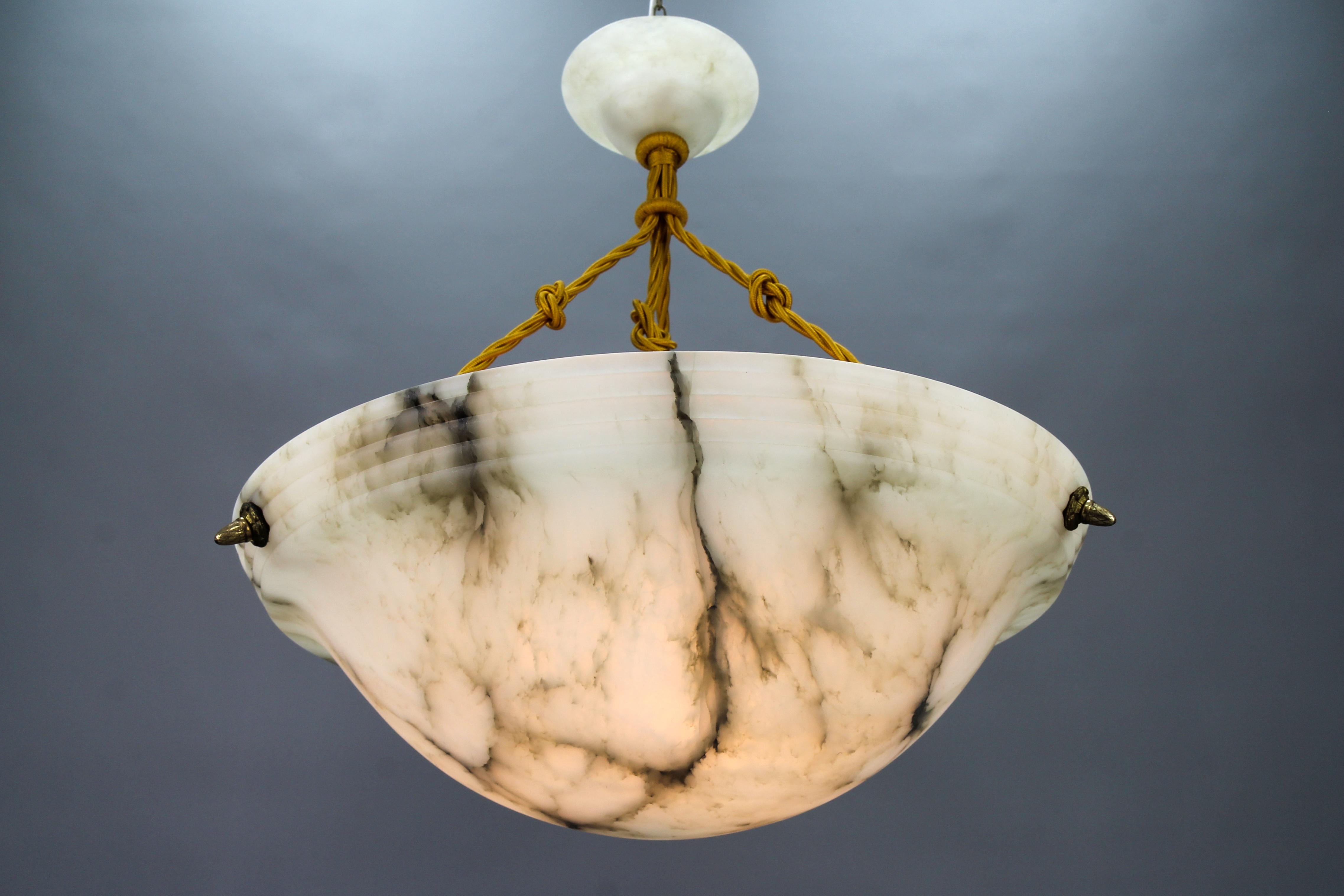 Large French Art Deco White and Black Alabaster Pendant Light Fixture, 1920 1