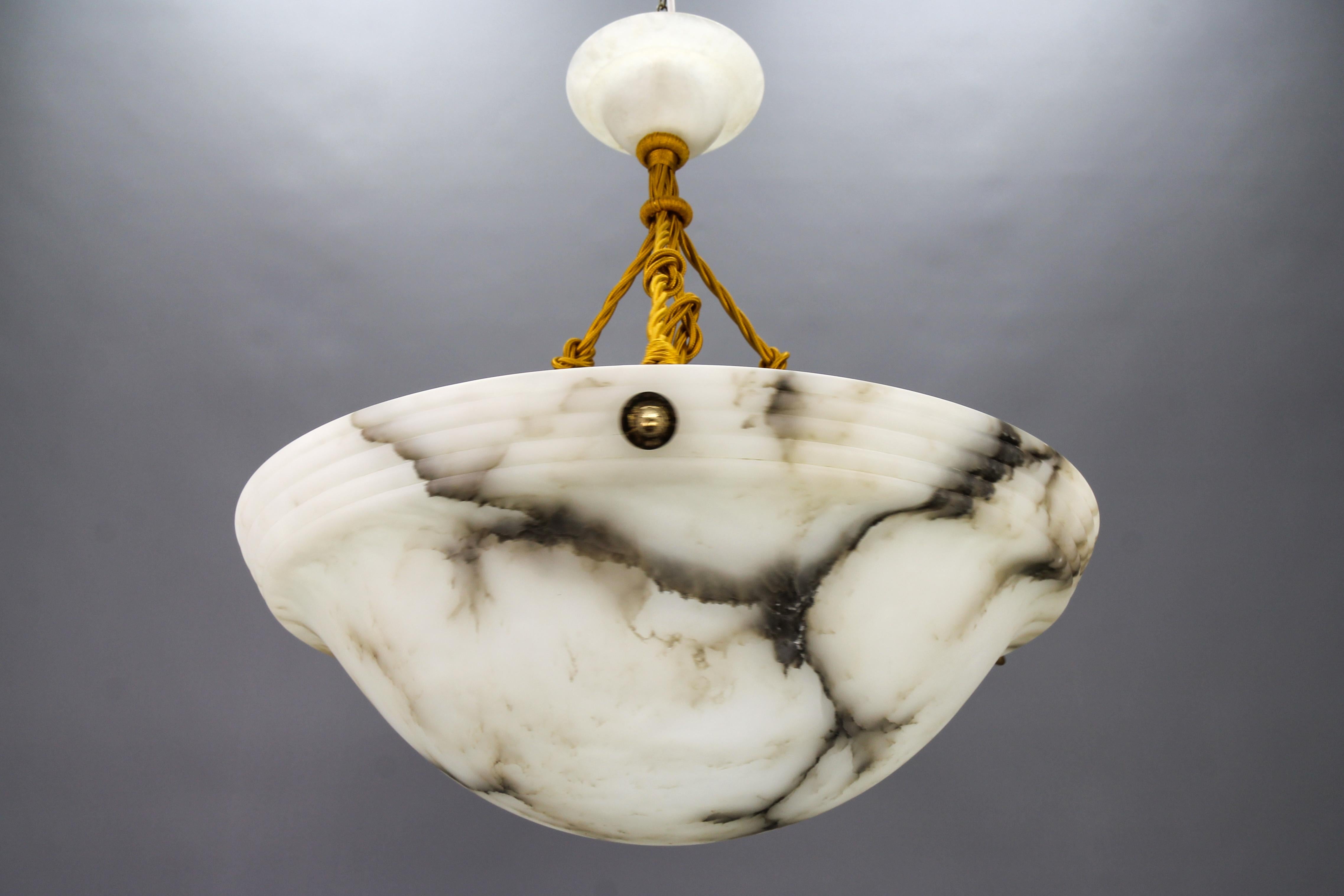 Large French Art Deco White and Black Alabaster Pendant Light Fixture, 1920 4