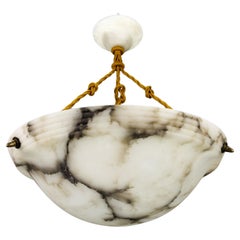 Large French Art Deco White and Black Alabaster Pendant Light Fixture, 1920