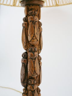 Large French Art Deco Wood Table Lamp Featuring Cicada Carving 1930