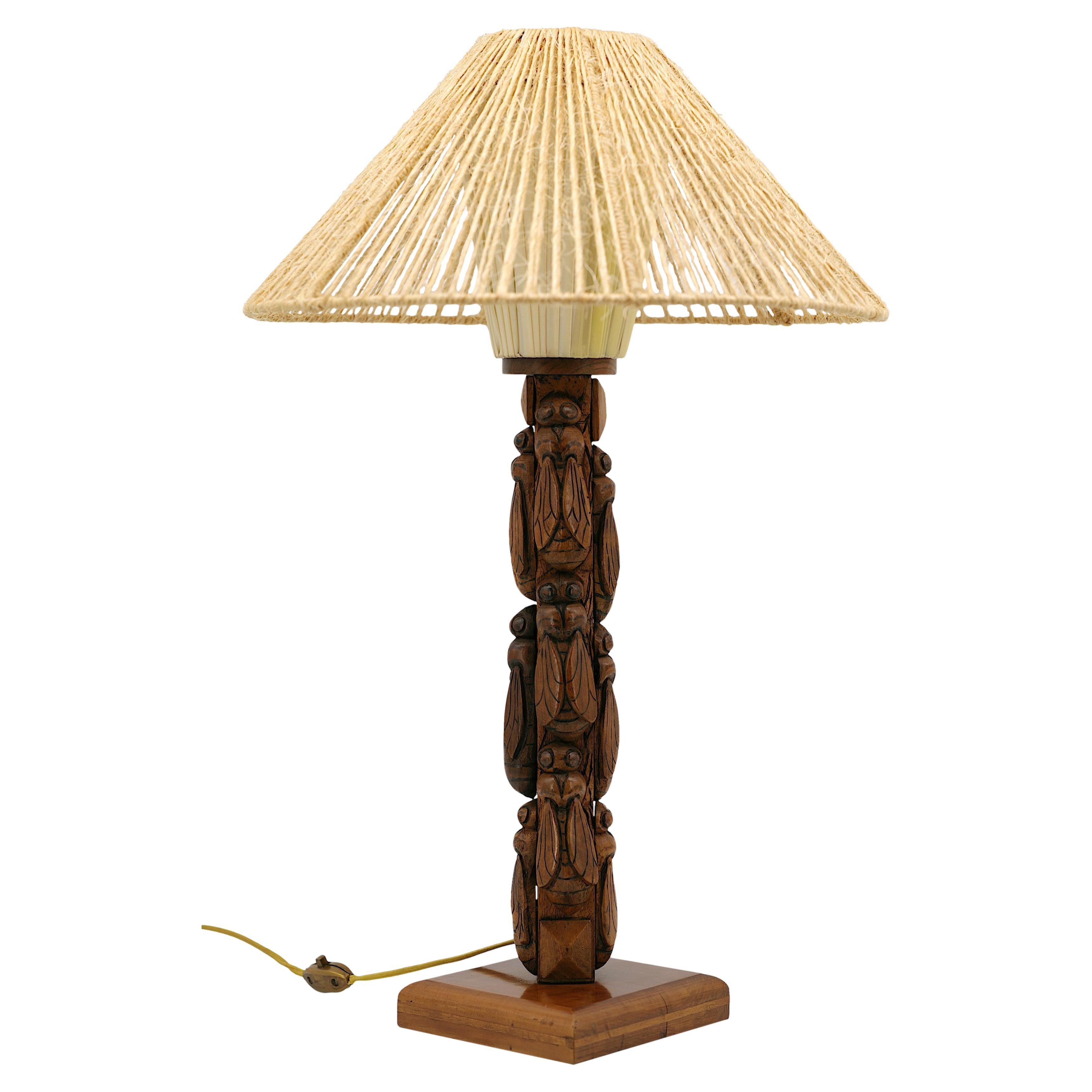 Large French Art Deco Wood Table Lamp Featuring Cicada Carving 1930