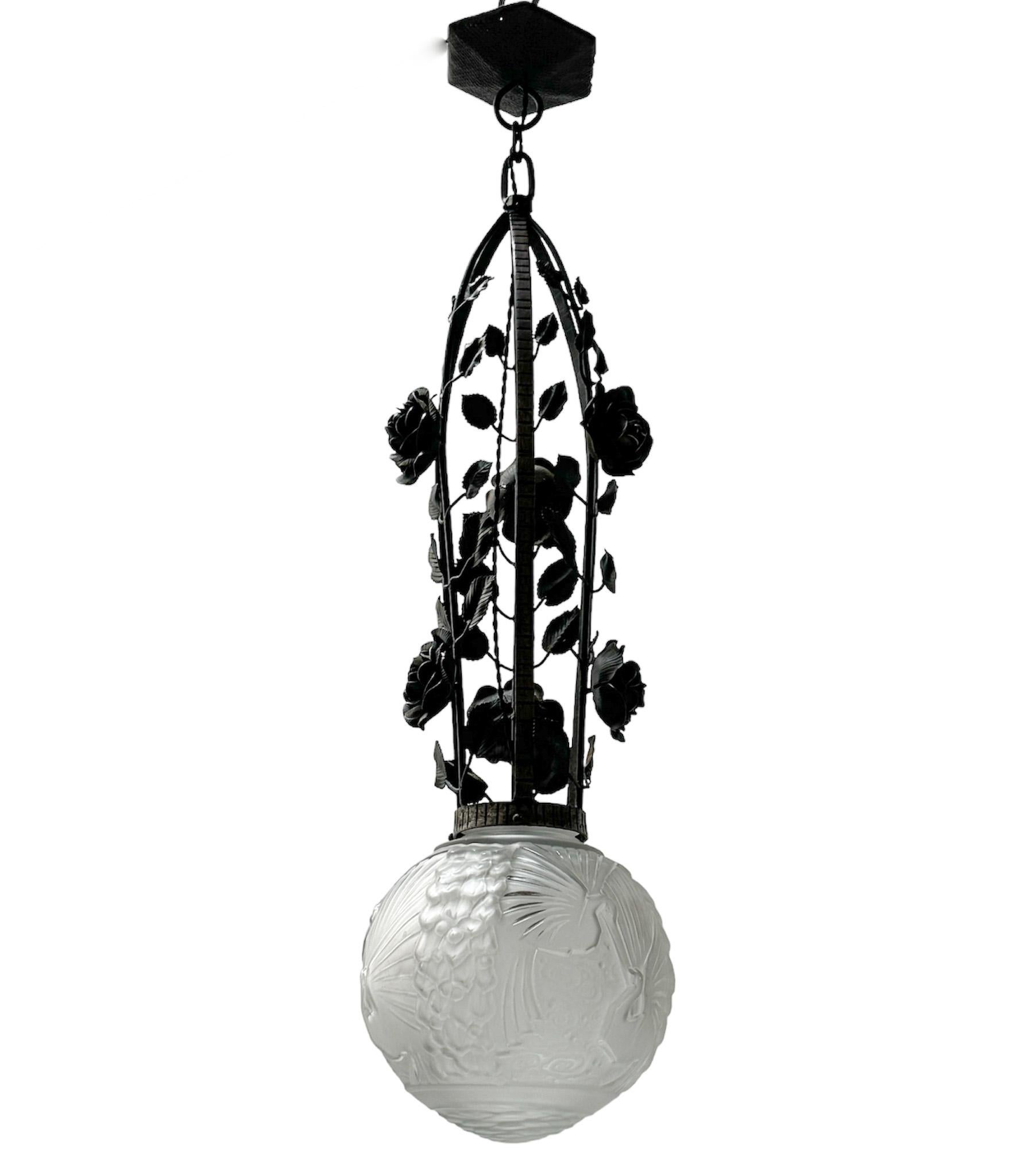 Blown Glass Large French Art Deco Wrought Iron Pendant by Muller Frères Luneville, 1930s