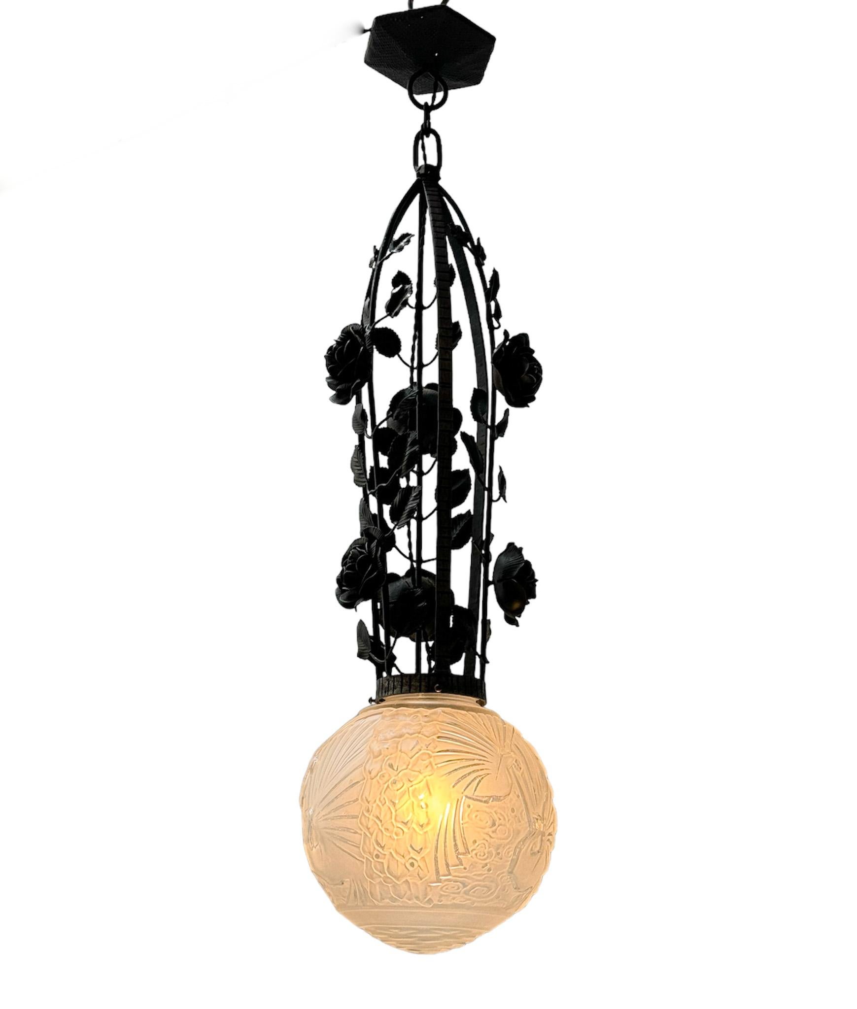 Large French Art Deco Wrought Iron Pendant by Muller Frères Luneville, 1930s 1