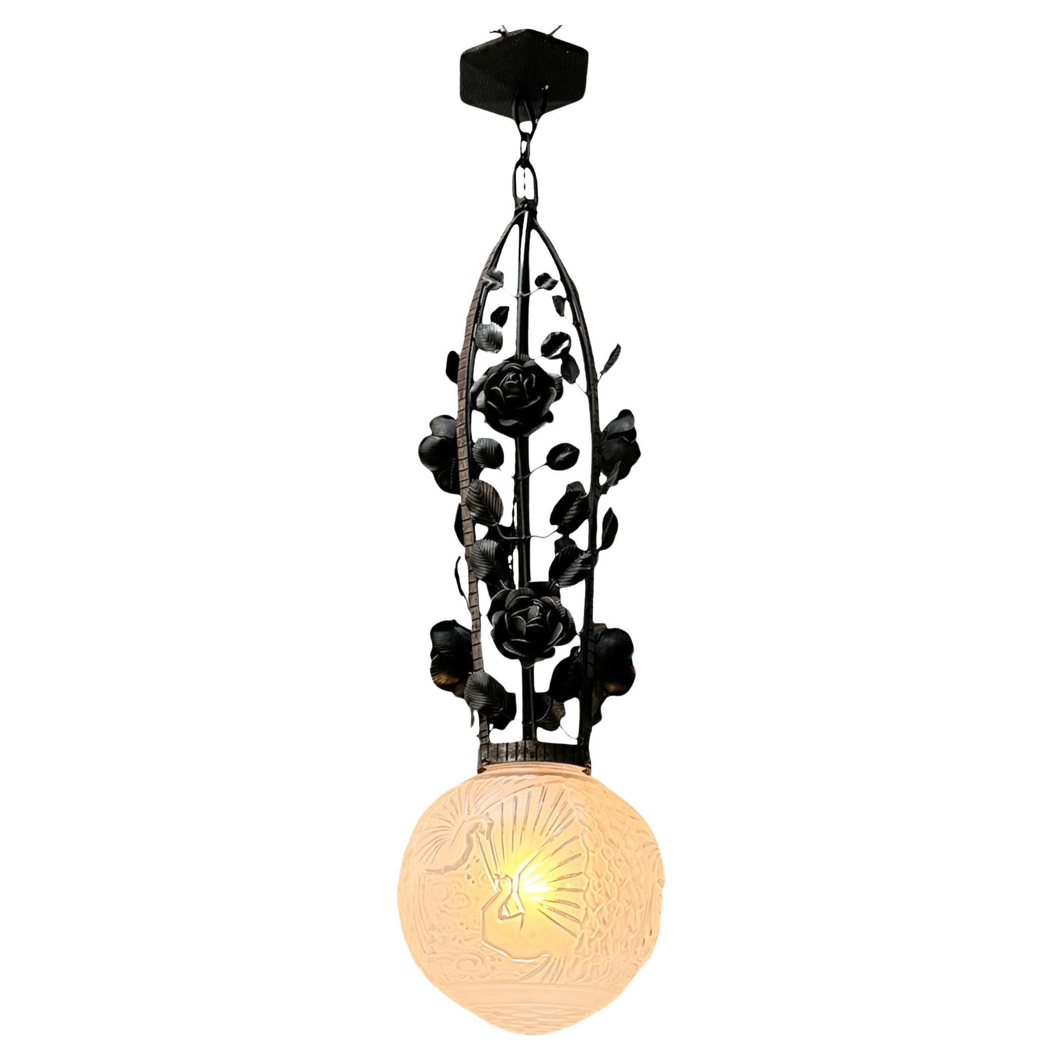 Large French Art Deco Wrought Iron Pendant by Muller Frères Luneville, 1930s
