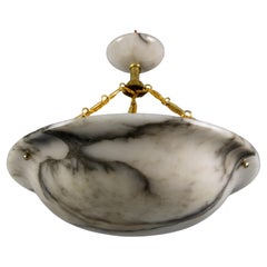 Antique Large French Art Nouveau Alabaster Pendant Light with Dark Veins, ca 1920