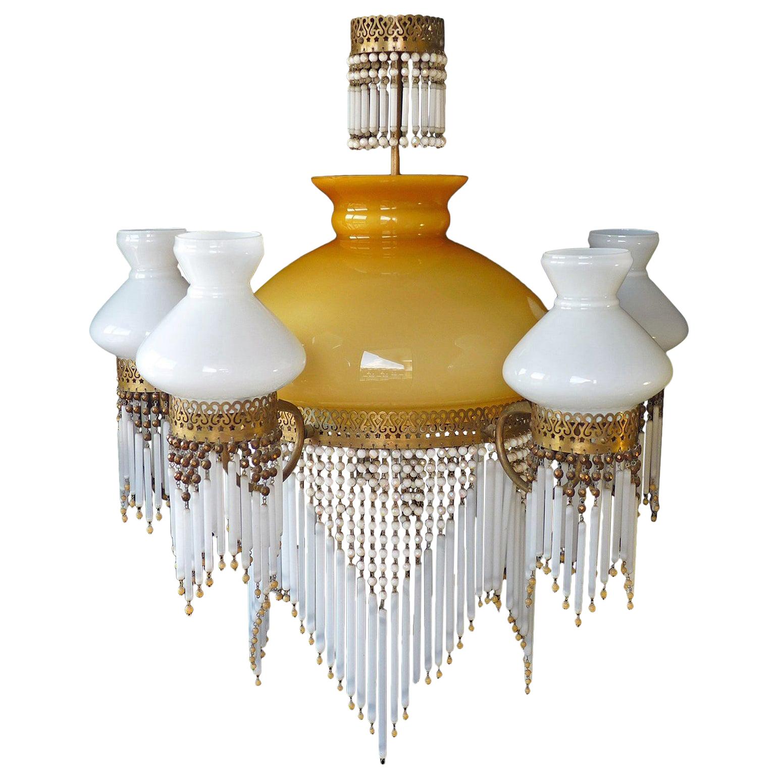 Large French Art Nouveau Amber Glass Beaded Fringe Gilt Oil Lamp Chandelier 1930