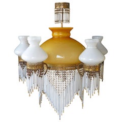 Large French Art Nouveau Amber Glass Beaded Fringe Gilt Oil Lamp Chandelier 1930