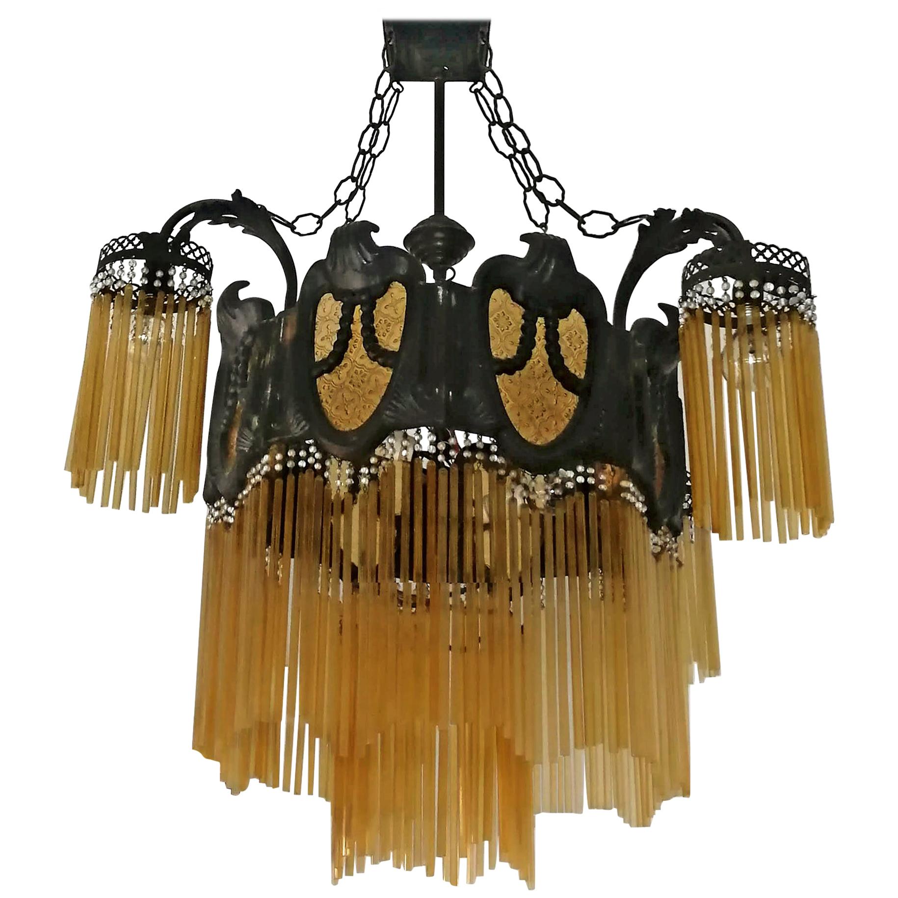 20th Century Large French Art Nouveau and Art Deco Amber Glass Straws Bronze Chandelier c1900 For Sale