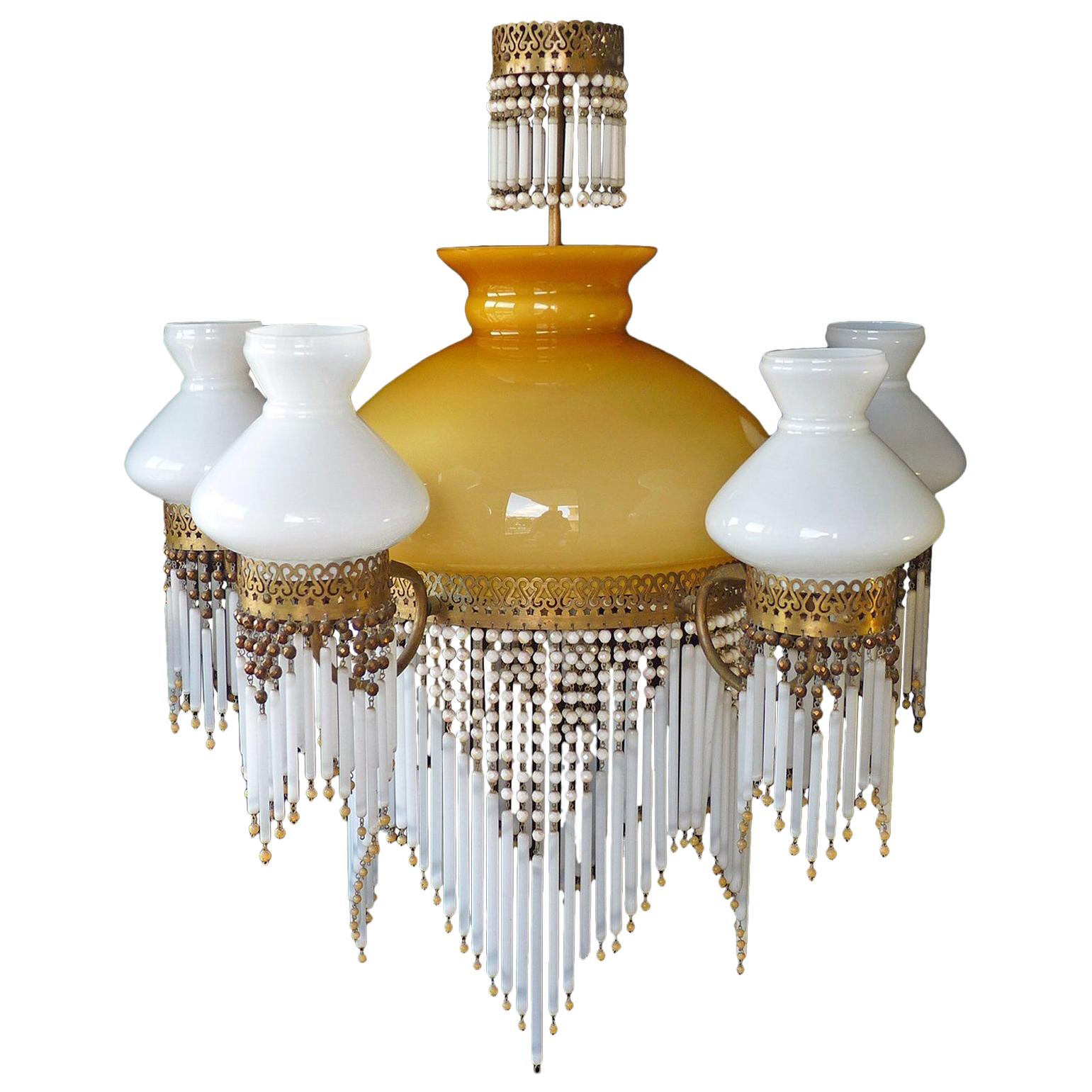 Large French Art Nouveau Art Deco Amber Glass Beaded Fringe Gilt Chandelier 1930 For Sale