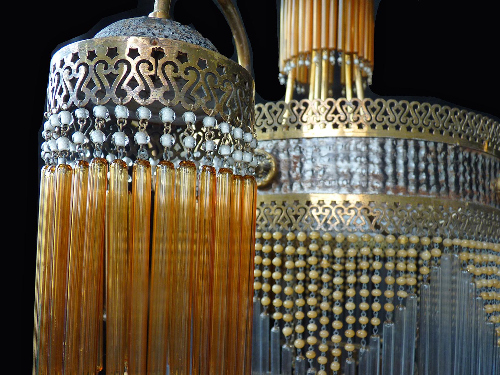 Large French Art Nouveau & Art Deco Amber Glass Straws Beaded Fringe Chandelier In Good Condition In Coimbra, PT