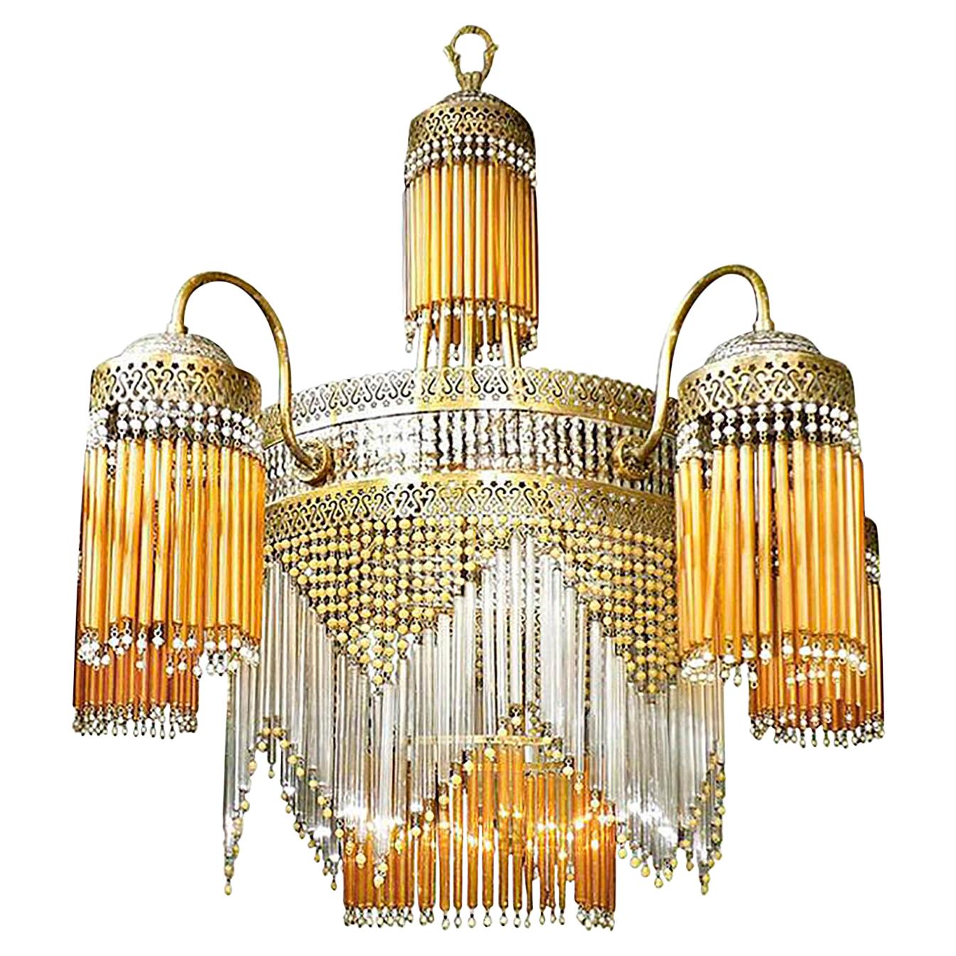 Large French Art Nouveau & Art Deco Amber Glass Straws Beaded Fringe Chandelier